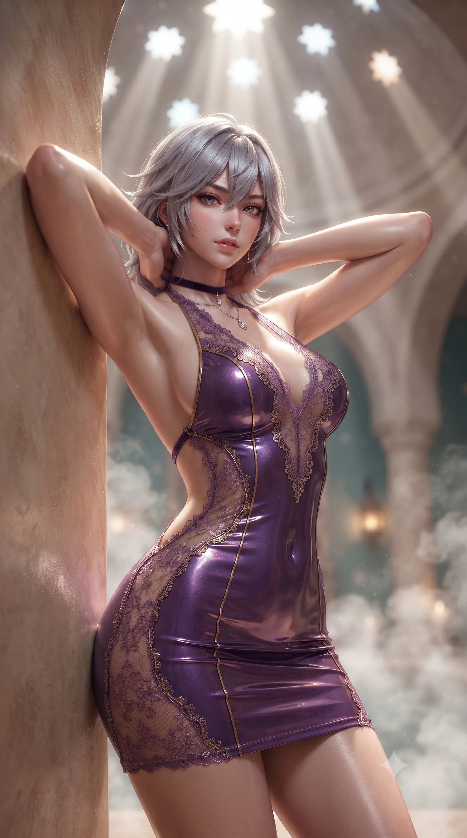 score_9, masterpiece, best quality, ultra-detailed, high-budget anime keyframe, editorial fashion photography, tasteful artistic composition, Japanese woman. close-up cowboy shot from the waist and thighs up, the character dominates the composition, filling the frame with her large presence. resting both hands lightly behind her neck with elbows raised, arching her spine to highlight her narrow waist, flat midriff, and breathtaking collarbones while leaning back against the warm tadelakt wall with hips cocked back, looking through shafts of overhead sunlight with an irresistible, heavy-lidded bedroom-gaze. The background shows a soft-focus billowing eucalyptus steam clouds, pierced star-shaped glass openings in domed ceiling casting beams of light, and vaulted arches blurred into pearl, turquoise, and amber bokeh. She has an exceptionally elegant, slender, and willowy female figure with an ultra-slim waist, flat toned midriff, narrow ribcage, and sculpted feminine hips creating an alluring, slim hourglass silhouette without bulk. sharp v-shaped jawline, high-bridge nose, sparkling eyes with hypnotic seductive depth, thick curled eyelashes, glossy parted lips with a natural dewy peach sheen, alluring bedroom-eyes with an enchanting coquettish smile, exuding magnetic siren charisma and sophisticated glamour, flawlessly proportioned anatomical accuracy, strict slender model proportions, natural body alignment, perfectly sculpted long slender limbs, ultra-slim waistline, clean dynamic posture without body distortion. wearing a backless halterneck column mini dress in shimmering liquid vinyl clinging like a second skin in royal amethyst purple and gilded bronze, made of delicate semi-sheer French Chantilly lace with intricate eyelash edges, finished with a thin velvet ribbon choker and a single teardrop diamond pendant, the precision-cut side openings and low-back scoop framing her graceful spine and the sensual sweep of her slim, toned hips. bathed in ethereal light shafts streaming downward through star-shaped ceiling penetrations combined with warm lantern uplights. ultra-reflective glossy finish, specular highlights, rich textural contrasts, high-contrast stereoscopic depth, volumetric dynamic lighting, 2k, ultra detail, master piece, 9:16 ratio