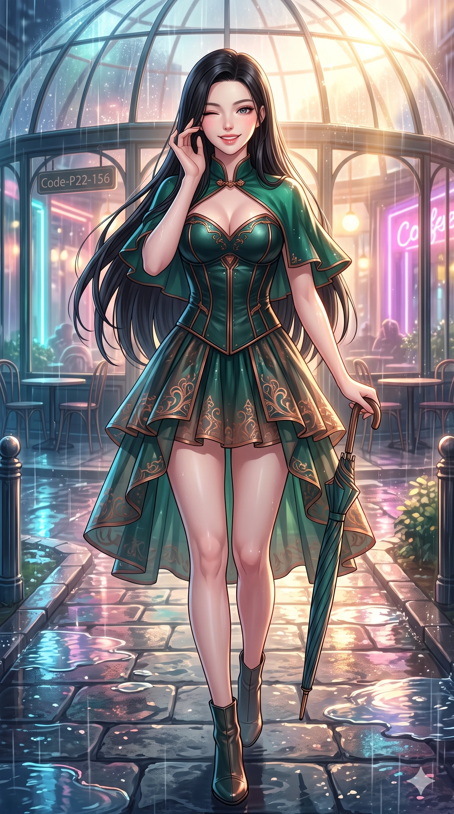 score_9, masterpiece, best quality, ultra-detailed, high-budget anime keyframe, vibrant anime aesthetic, Korean woman. close-up cowboy shot from the waist and thighs up, the character dominates the composition, filling the frame with her large presence, background elements kept in soft focus. She is walking down a rain-slicked path, winking and smiling cheerfully, gazing at the camera with sparkling eyes with a lively, expressive stance. the background shows a soft-focus glowing neon-lit cafe terrace overlooking a reflective puddle-filled street during a twilight shower (Code-P22-156). She has an absolutely perfect proportion, an exceptionally elegant and slender female figure with an ultra-slim waist. V-shaped jawline, high-bridge nose, intricate jewel-like eyes with depth, thick eyelashes, glossy lips with a natural sheen. wearing a structured leather bodice featuring a sweetheart neckline and a translucent skirt in dark emerald and copper details. She is drenched in brilliant morning sunshine reflecting off wet glass domes, highlighting her winking face and glossy lips inside the retro conservatory cafe. 2k, ultra detail, master piece, 9:16 ratio