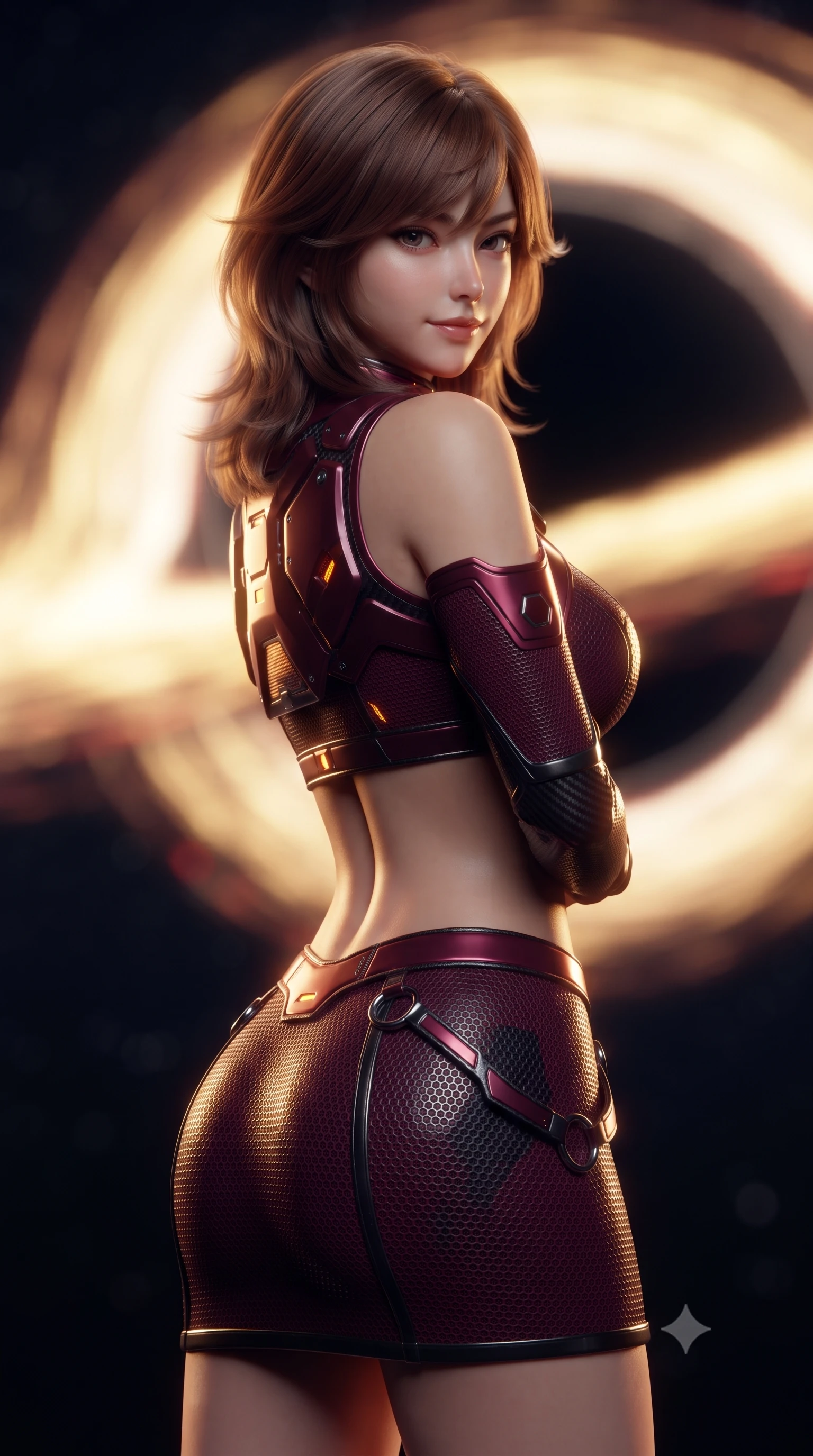 score_9, masterpiece, best quality, ultra-detailed, high-budget anime keyframe, editorial fashion photography, tasteful artistic composition, Korean woman. close-up cowboy shot from the waist and thighs up, the character dominates the composition, filling the frame with her large presence. posing in an alluring rear three-quarter angle, turning over a bare shoulder with an intoxicating gaze, her hips cocked back to highlight her slim hourglass curve against the glowing reactor while twisting her slender torso in an alluring S-curve, extreme relativistic Doppler-shifted light painting her narrow waist and curvy hips in fire. The background shows a soft-focus the blinding golden and crimson swirling accretion disk around the pitch-black event horizon blurred into incandescent gold, ruby, and void bokeh. She has an exceptionally elegant, slender, and willowy female figure with an ultra-slim waist, flat toned midriff, narrow ribcage, and sculpted feminine hips creating an alluring, slim hourglass silhouette without bulk. sharp v-shaped jawline, high-bridge nose, intricate jewel-like sparkling eyes with depth, thick eyelashes, glossy parted lips with a natural sheen, bright confident smile with an enchanting and coquettish sensual glint, exuding both youthful magnetic charm and sovereign high-tech allure, flawlessly proportioned anatomical accuracy, strict slender model proportions, natural body alignment, perfectly sculpted long slender limbs, ultra-slim waistline, clean dynamic posture without body distortion. wearing a modern mecha-suit two-piece set featuring a cropped armored bolero top and micro tactical skirt with chrome rings in deep wine crimson and dark carbon weave, woven from delicate semi-opaque high-tensile nano-mesh with intricate hexagonal micro-patterns, accented with subtle hexagonal heat-sink vents glowing with dim orange thermal heat, the form-fitting tactical tailoring adhering flawlessly to her sculpted flat midriff and slender torso, emphasizing her long leg lines and perfectly proportioned willowy build. illuminated by cabin instrument fills and sharp molten-gold rim lights defining her razor-sharp jawline, narrow waist, and curvy hips. ultra-reflective glossy finish, specular highlights, rich textural contrasts, high-contrast stereoscopic depth, volumetric dynamic lighting, 2k, ultra detail, master piece, 9:16 ratio