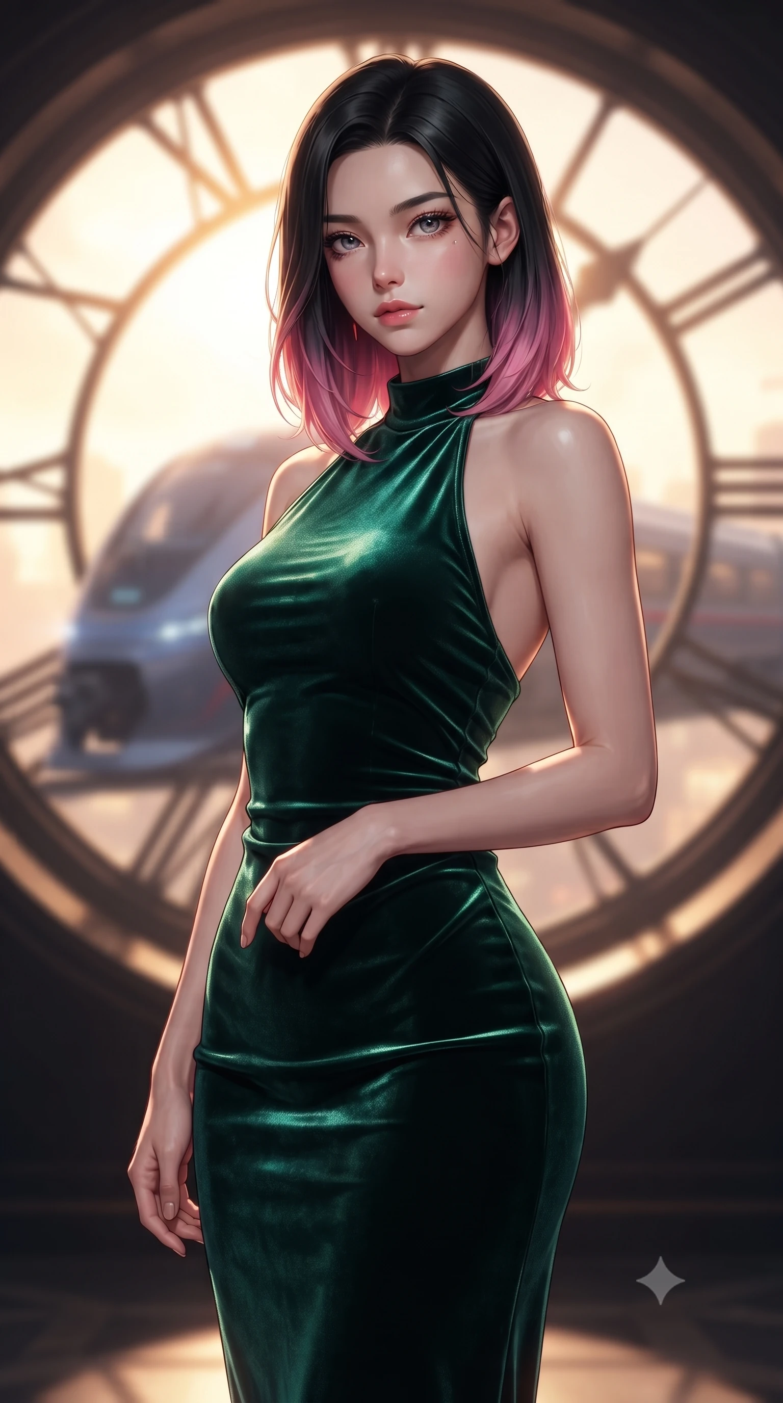 score_9, masterpiece, best quality, ultra-detailed, high-budget anime keyframe, editorial fashion photography, tasteful artistic composition, Korean woman. close-up cowboy shot from the waist and thighs up, the character dominates the composition, filling the frame with her large presence, background elements kept in soft focus. Smiling with quiet, magnetic self-assurance directly into the lens gazing out a massive circular clock window at a twilight galaxy express train, dramatic twilight amber light streaming through the giant clock window. She has an exceptionally elegant, slender, and willowy female figure with an ultra-slim waist, a gracefully sculpted slender torso, and a refined silhouette. sharp v-shaped jawline, high-bridge nose, intricate jewel-like eyes with depth, thick eyelashes, glossy lips with a natural sheen. wearing a velvet halter-neck midi dress in deep emerald, following her form like a glove, the elegant draped fit framing her graceful clavicle and slender torso. bathed in warm twilight amber backlighting and rich metallic specular glow. ultra-reflective glossy finish, specular highlights, metallic sheen, high-contrast stereoscopic depth, volumetric dynamic lighting, 2k, ultra detail, master piece, 9:16 ratio