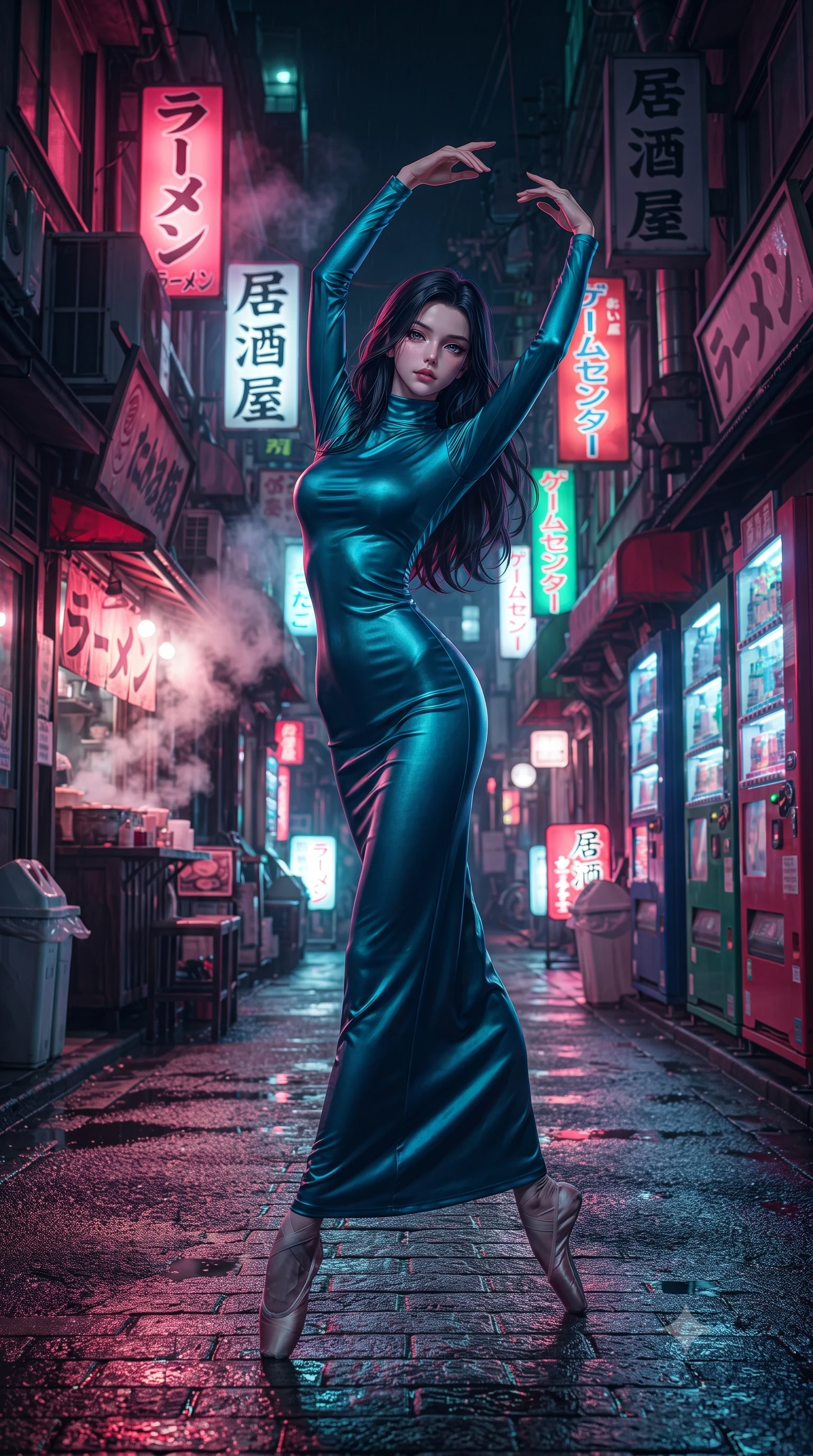 score_9, masterpiece, best quality, ultra-detailed, high-budget anime keyframe, editorial fashion photography, tasteful artistic composition, Korean woman. low angle full-body shot from head to toe showing her feet, filling the entire 9:16 vertical frame with her statuesque presence, stretching her vertical silhouette. twirling with balletic elegance inside a narrow atmospheric Tokyo alley at night densely packed with glowing signs in Japanese katakana steam rising from ramen shops vending machines casting colored pools of light on wet asphalt. She has a statuesque 8.5-heads proportion, an exceptionally tall, slender and willowy model-like build with impossibly long legs and a highly sculpted ultra-slim waist. sharp v-shaped jawline, high-bridge nose, intricate jewel-like eyes with depth, thick eyelashes, glossy lips with a natural sheen. wearing a figure-hugging mock-turtleneck gown in a shifting peacock-blue silk fabric, hugging her slender figure from neck to ankle. intense mixed neon colors in pink red blue and green reflecting off wet asphalt surfaces with steam catching and diffusing the light into a vibrant urban glow. 2k, ultra detail, master piece, 9:16 ratio