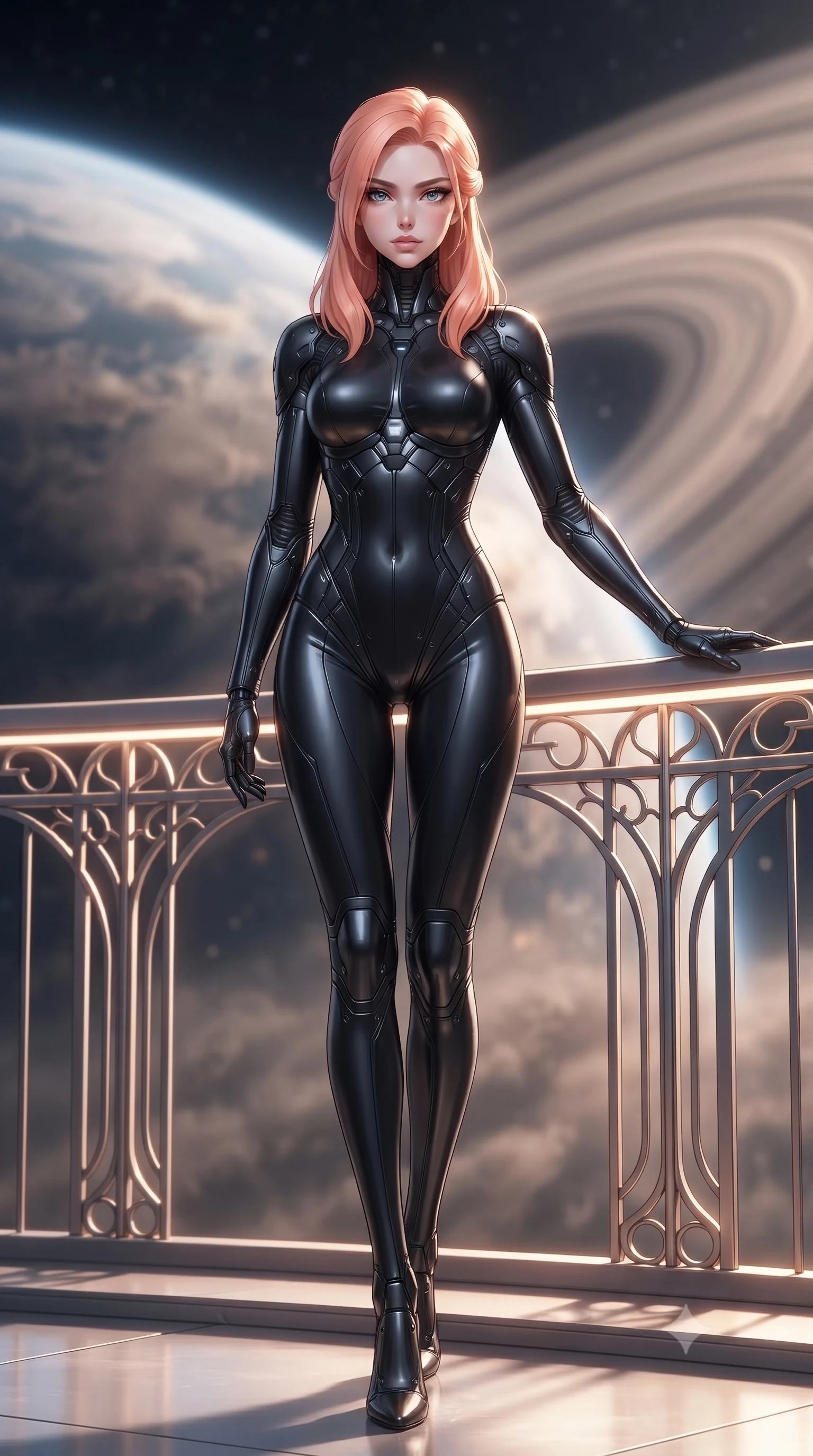 score_9, masterpiece, best quality, ultra-detailed, high-budget anime keyframe, editorial fashion photography, tasteful artistic composition, Japanese woman. low angle full-body shot from head to toe showing her feet, filling the entire 9:16 vertical frame with her statuesque presence, stretching her vertical silhouette. standing in a tall, confident posture with one hand on a glowing metal railing, stretching her statuesque body, the background shows a soft-focus a space cathedral balcony overlooking planetary dust and cloud rings. She has an absolutely perfect, statuesque 8.5-heads proportion, an exceptionally tall and slender model-like female figure with impossibly long slender legs and an ultra-slim waist. sharp v-shaped jawline, high-bridge nose, intricate jewel-like eyes with depth, thick eyelashes, glossy lips with a natural sheen. wearing a form-contouring form-fitting cybernetic combat suit in matte black latex, tracing her willowy silhouette with a high neck. brilliant cosmic flares tracing the contours of her carbon armor. ultra-reflective glossy finish, specular highlights, metallic sheen, high-contrast stereoscopic depth, volumetric dynamic lighting, 2k, ultra detail, master piece, 9:16 ratio
