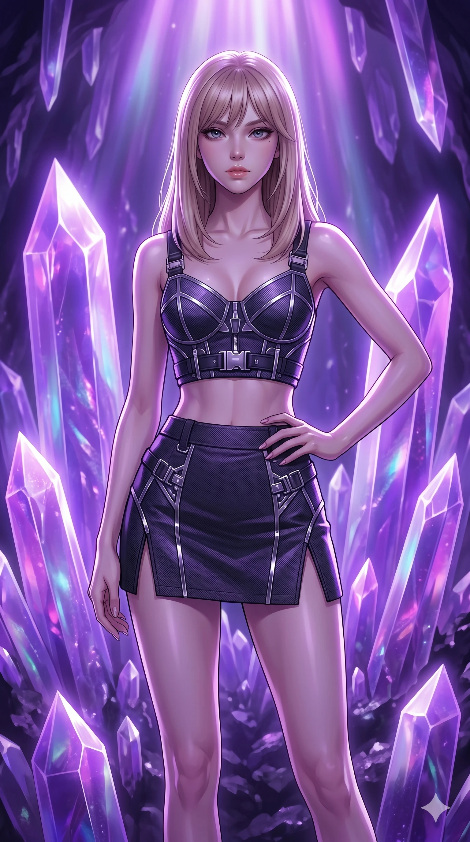score_9, masterpiece, best quality, ultra-detailed, high-budget anime keyframe, editorial fashion photography, tasteful artistic composition, Japanese woman. cowboy shot from the thighs up, character and outfit filling the frame for maximum editorial presence. holding a confident power pose with one hand on her hip, looking directly into the camera with quiet self-assurance inside a luminous geode cavern filled with giant violet crystal spires (Code-P16-001). She has an absolutely perfect 8-heads proportion, an exceptionally tall and slender female figure with impossibly long slender legs and an ultra-slim waist. V-shaped jawline, high-bridge nose, intricate jewel-like eyes with depth, thick eyelashes, glossy lips with a natural sheen. wearing a structured crop bustier with chrome hardware and a matching micro-length skirt with side cuts. illuminated by a shifting purple aurora palette from above, casting sharp specular highlights on her silhouette. 2k, ultra detail, master piece, 9:16 ratio