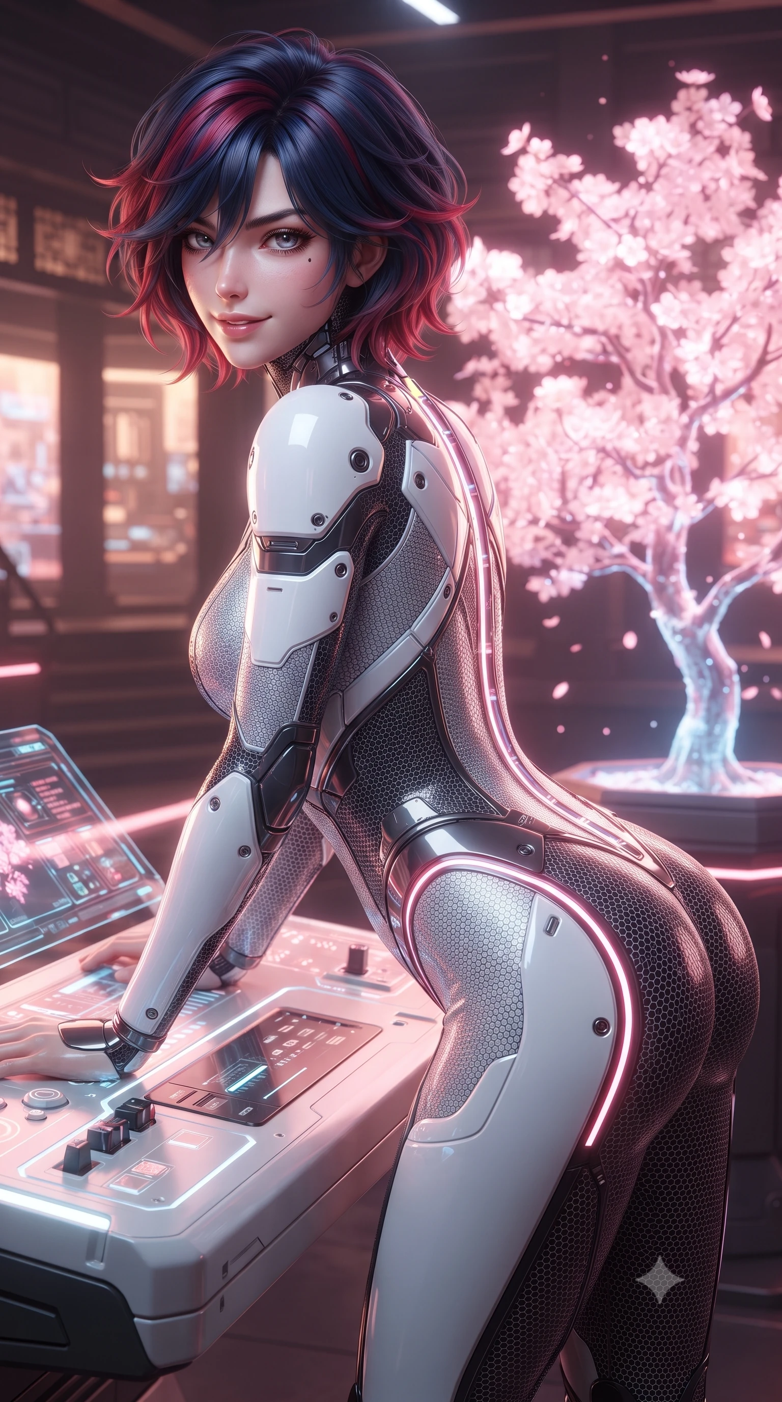 score_9, masterpiece, best quality, ultra-detailed, high-budget anime keyframe, editorial fashion photography, tasteful artistic composition, Korean woman. close-up cowboy shot from the waist and thighs up, the character dominates the composition, filling the frame with her large presence. leaning forward over the illuminated command console while arching her lower back to accentuate her curvy hips, looking into the camera with a confident smoldering smile and intense bedroom-eyes while standing poised beside a glowing holographic cherry blossom tree with hips cocked back, looking into the camera with bedroom-eyes. The surrounding environment is rendered in vivid detail and crisp panoramic clarity: detailed cyber suit weave, soft pink neon highlights on skin, and futuristic tea house architecture in high resolution. She has an exceptionally elegant, slender, and willowy female figure with an ultra-slim waist, flat toned midriff, narrow ribcage, and sculpted feminine hips creating an alluring, slim hourglass silhouette without bulk. sharp v-shaped jawline, high-bridge nose, intricate jewel-like sparkling eyes with depth, thick eyelashes, glossy parted lips with a natural sheen, bright confident smile with an enchanting and coquettish sensual glint, exuding both youthful magnetic charm and sovereign high-tech allure, flawlessly proportioned anatomical accuracy, strict slender model proportions, natural body alignment, perfectly sculpted long slender limbs, ultra-slim waistline, clean dynamic posture without body distortion. wearing a form-contouring delicate silver nano-mesh bodysuit with strategically placed chrome armor plate guards covering key curves in dual-tone high-contrast monochrome black and stark white, woven from delicate semi-opaque high-tensile nano-mesh with intricate hexagonal micro-patterns, accented with glowing neon fiber-optic piping tracing her spine and hip lines, the liquid-tight tailored fabric clinging flawlessly to her narrow waist and rounded feminine hips, emphasizing every millimeter of her sculpted slim hourglass curves without any bulky heaviness. bathed in soft, romantic cherry-pink and warm amber holographic glow. ultra-reflective glossy finish, specular highlights, rich textural contrasts, high-contrast stereoscopic depth, volumetric dynamic lighting, 2k, ultra detail, master piece, 9:16 ratio