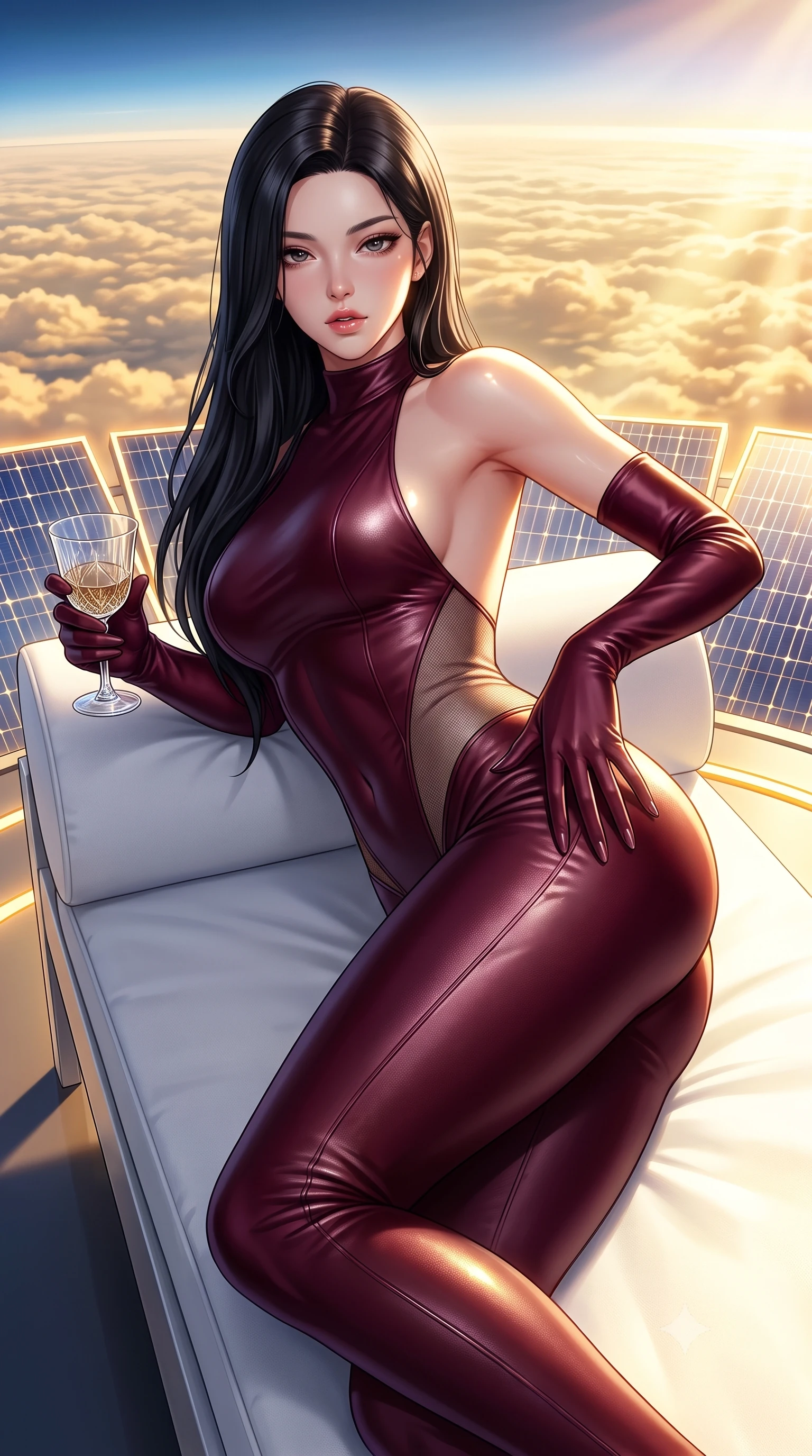 score_9, masterpiece, best quality, ultra-detailed, high-budget anime keyframe, semi-realistic 3D game render, editorial fashion photography, tasteful artistic composition, Korean woman. close-up cowboy shot from the waist and thighs up, the character dominates the composition, filling the frame with her large presence. resting one manicured hand delicately on her hip bone, her upper body turning in a fluid, seductive S-curve while parted lips glisten in the light while reclining across a sleek white daybed surrounded by glowing solar collectors, her long slender legs and narrow waist highlighted against the golden cloud ocean. The surrounding environment is rendered in vivid detail and crisp panoramic clarity. detailed couture gown weave, intense sun specular highlights on skin, and high-altitude horizon clarity in high resolution. She has an exceptionally elegant, slender, and willowy female figure with an ultra-slim waist, flat toned midriff, narrow ribcage, and sculpted feminine hips creating an alluring, slim hourglass silhouette without bulk. sharp v-shaped jawline, high-bridge nose, intricate jewel-like eyes with depth, thick eyelashes, glossy parted lips with a natural sheen, intensely captivating and seductive bedroom-eyes expression, flawlessly proportioned anatomical accuracy, strict slender model proportions, natural body alignment, perfectly sculpted long slender limbs, ultra-slim waistline, clean dynamic posture without body distortion. wearing a second-skin compression catsuit with an open back and sheer mesh side waist contouring in deep wine burgundy and brushed dark platinum, formed from supple second-skin lambskin leather with specular sheen, accessorized with opera-length satin gloves and a vintage crystal glass, the form-contouring material adhering flawlessly to her sculpted flat midriff and slender torso, emphasizing her long leg lines and perfectly proportioned willowy build. bathed in glorious golden hour stratospheric sunbeams streaming unobstructed across the cloud deck. highly saturated vibrant anime colors, detailed shading with soft gradients, rich glossy textures, high-contrast stereoscopic depth, volumetric dynamic lighting, master piece, 9:16 ratio