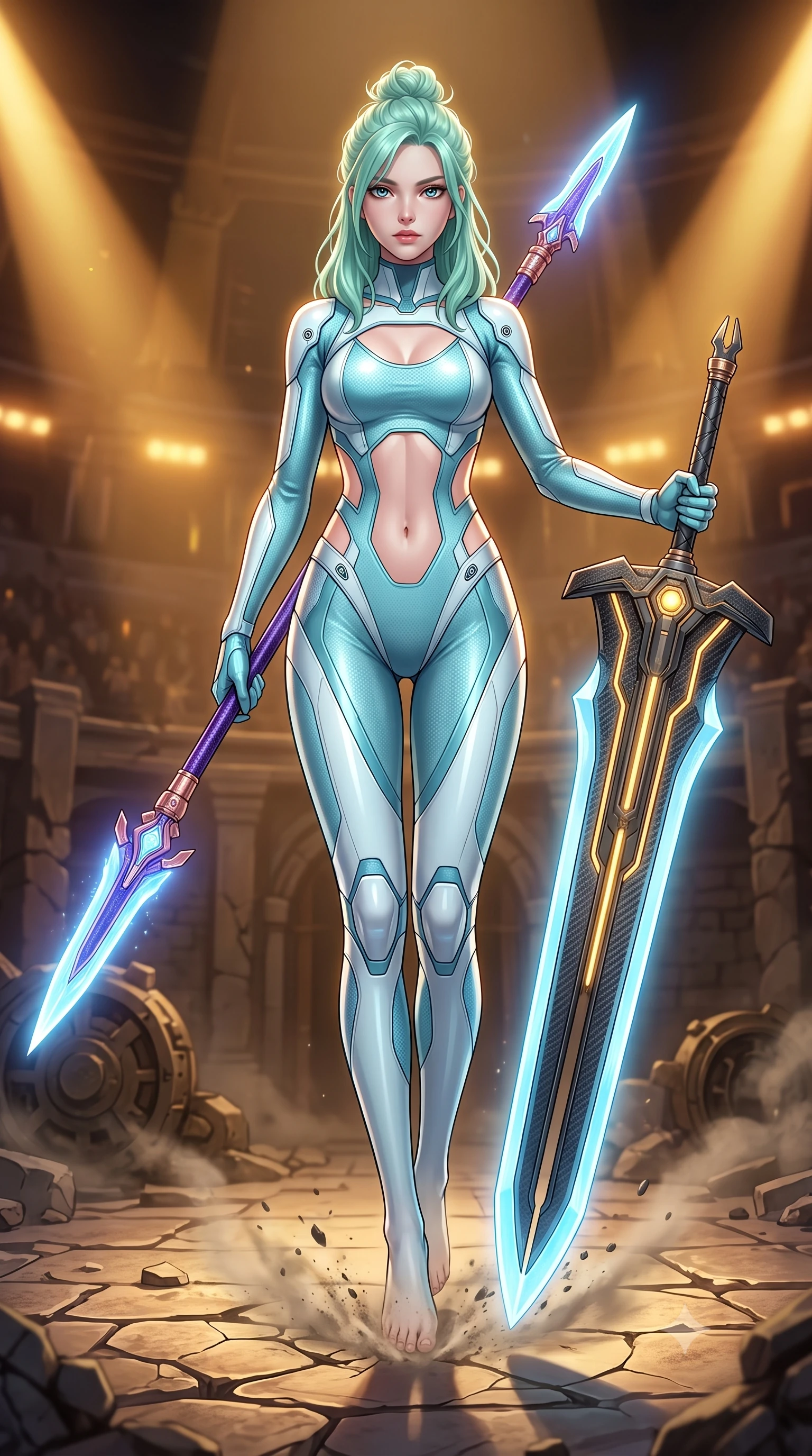 score_9, masterpiece, best quality, ultra-detailed, high-budget anime keyframe, semi-realistic 3D game render, editorial fashion photography, tasteful artistic composition, Japanese woman. low angle full-body shot from head to toe showing her feet, filling the entire 9:16 vertical frame with her statuesque presence, stretching her vertical silhouette. performing an alluring mid-air combat landing with flawless poise, looking directly into the camera with regal, deadly intensity while striding forward across the ruined arena floor with greatsword held in one hand with effortless supermodel strength. The surrounding environment is rendered in vivid detail and crisp panoramic clarity. detailed carbon-composite sword fuller weave, glowing golden power conduits, and cracked arena stone in deep focus. She has an absolutely perfect, statuesque 8.5-heads proportion, an exceptionally tall and slender model-like female figure with impossibly long slender legs, a toned flat midriff, and an ultra-slim waist. sharp v-shaped jawline, high-bridge nose, intricate jewel-like eyes with depth, thick eyelashes, glossy lips with a natural sheen, flawlessly proportioned anatomical accuracy, strict slender model proportions, natural body alignment, perfectly sculpted long slender limbs, ultra-slim waistline, clean dynamic posture without body distortion. wearing an ultra-sleek glacial-cyan and white carbon-mesh combat bodysuit with frost-resistant plating, holding a glowing high-frequency cryo-energy spear with commanding poise in royal purple carbon fiber with rose-gold hardware and clasps, made of liquid carbon-jersey fabric adhering flawlessly to her sculpted silhouette, finished with high-mobility articulation joints and miniature magnetic armor locks, the precision-cut daring openings accentuating her delicate midriff, graceful bare collarbones, and ultra-slim feminine waistline. bathed in warm golden arena searchlights and glowing greatsword energy channel radiance. rich saturated anime colors with glowing neon highlights, detailed shading with soft gradients, rich glossy textures, high-contrast stereoscopic depth, volumetric dynamic lighting, master piece, 9:16 ratio