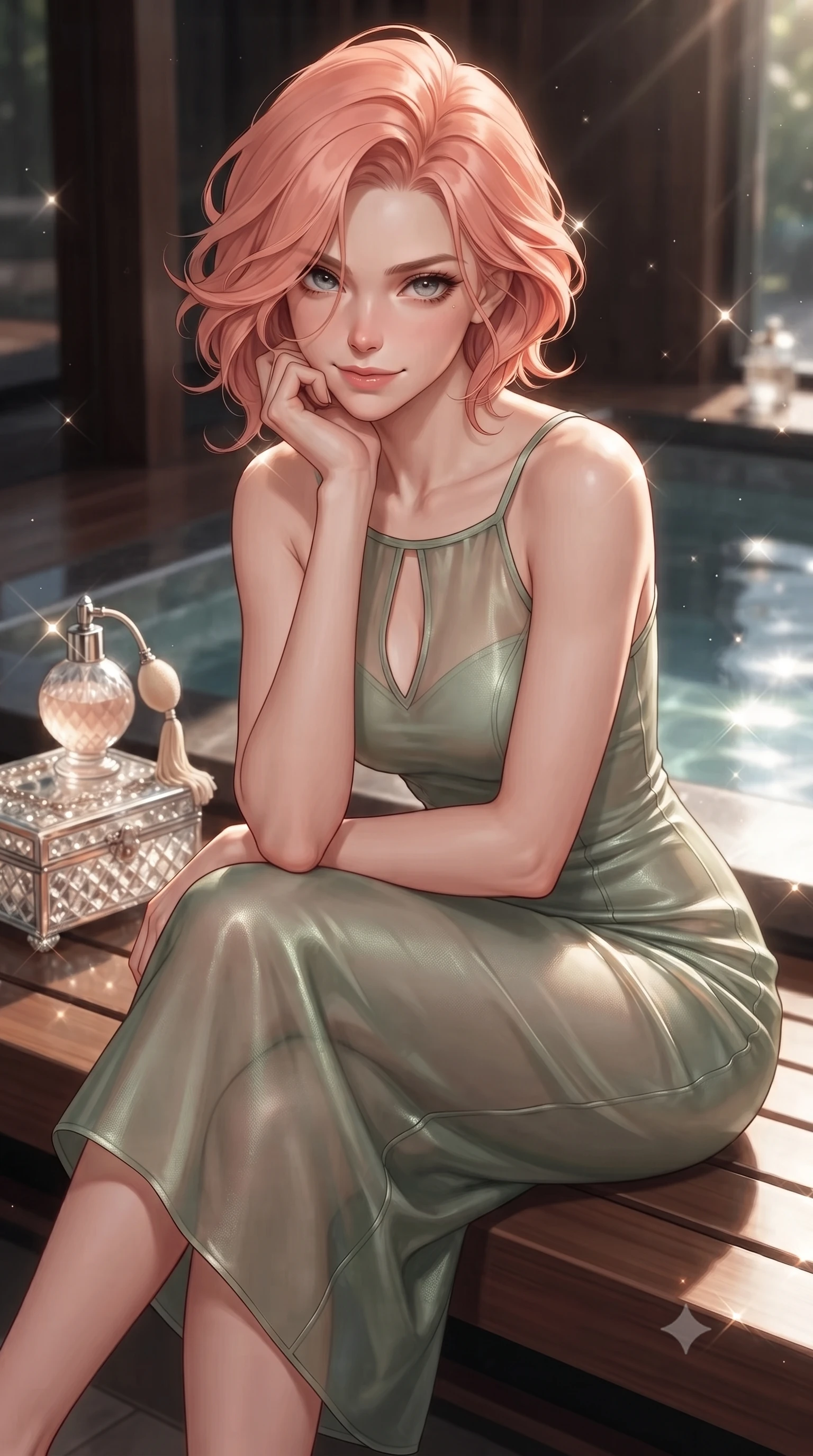 score_9, masterpiece, best quality, ultra-detailed, high-budget anime keyframe, editorial fashion photography, tasteful artistic composition, Japanese woman. close-up cowboy shot from the waist and thighs up, the character dominates the composition, filling the frame with her large presence, background elements kept in soft focus. flashing a sweet yet tantalizing grin, resting her chin on the back of her hand with intense eye contact set against a soft-focus background of inside an exclusive private spa pavilion with a vintage perfume atomizer and crystal jewelry box reflecting soft light. She has an exceptionally elegant, slender, and willowy female figure with an ultra-slim waist, a gracefully sculpted slender torso, and a refined silhouette. sharp v-shaped jawline, high-bridge nose, intricate jewel-like eyes with depth, thick eyelashes, glossy lips with a natural sheen. wearing tailored sage green sheer organza body-hugging knit midi dress with a tasteful keyhole neckline cutout and thin shoulder straps featuring refined tailored seams. lit by crisp morning sun rays creating sparkling glints on polished glass and water. ultra-reflective glossy finish, specular highlights, metallic sheen, high-contrast stereoscopic depth, volumetric dynamic lighting, 2k, ultra detail, master piece, 9:16 ratio