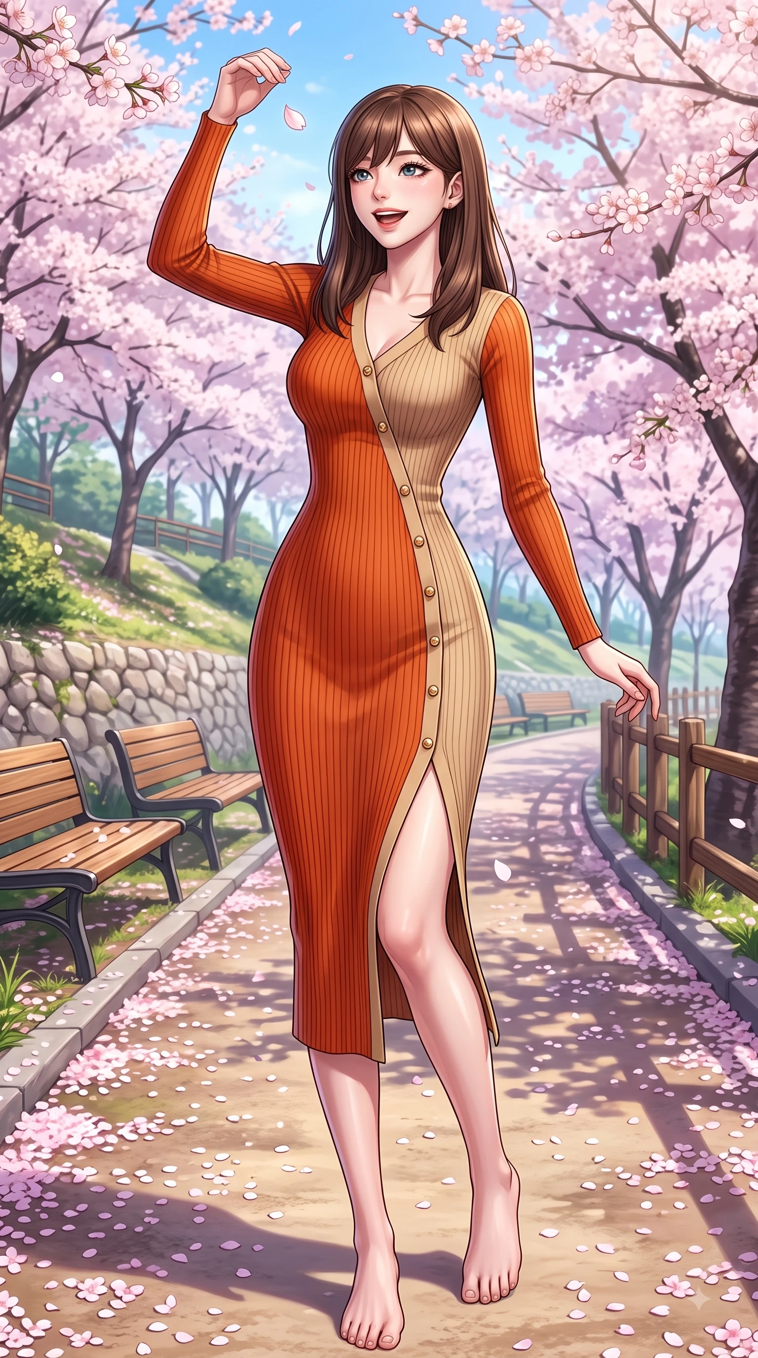 score_9, masterpiece, best quality, ultra-detailed, high-budget anime keyframe, editorial fashion photography, tasteful artistic composition, Korean woman. low angle full-body shot from head to toe showing her feet, filling the entire 9:16 vertical frame with her statuesque presence, stretching her vertical silhouette. pivoting dynamically with a fresh infectious smile, her ultra-slim waist creating a sweeping fluid curve while reaching her hand up playfully to catch a floating blossom petal in mid-air. The surrounding environment is rendered in vivid detail and crisp panoramic clarity. delicate cherry blossom petal clusters, wooden park benches, and historic hill paths in sharp resolution. She has an absolutely perfect, statuesque 8.5-heads proportion, an exceptionally tall and slender model-like female figure with impossibly long slender legs and an ultra-slim waist. sharp v-shaped jawline, high-bridge nose, intricate jewel-like eyes with depth, thick eyelashes, glossy lips with a natural sheen, flawlessly proportioned anatomical accuracy, natural body alignment, perfectly sculpted elegant limbs, clean dynamic posture without body distortion. wearing a form-fitting ribbed knit midi dress with a tasteful side leg slit in bright burnt orange and warm beige, made of premium stretch jersey that follows her curves like a glove, adorned with delicate gold buttons along the front, the glove-like fit emphasizing her statuesque silhouette during motion. surrounded by a fresh, sweet, and nostalgic spring park atmosphere. highly saturated vibrant anime colors, detailed shading with soft gradients, rich glossy textures, high-contrast stereoscopic depth, volumetric dynamic lighting, master piece, 9:16 ratio