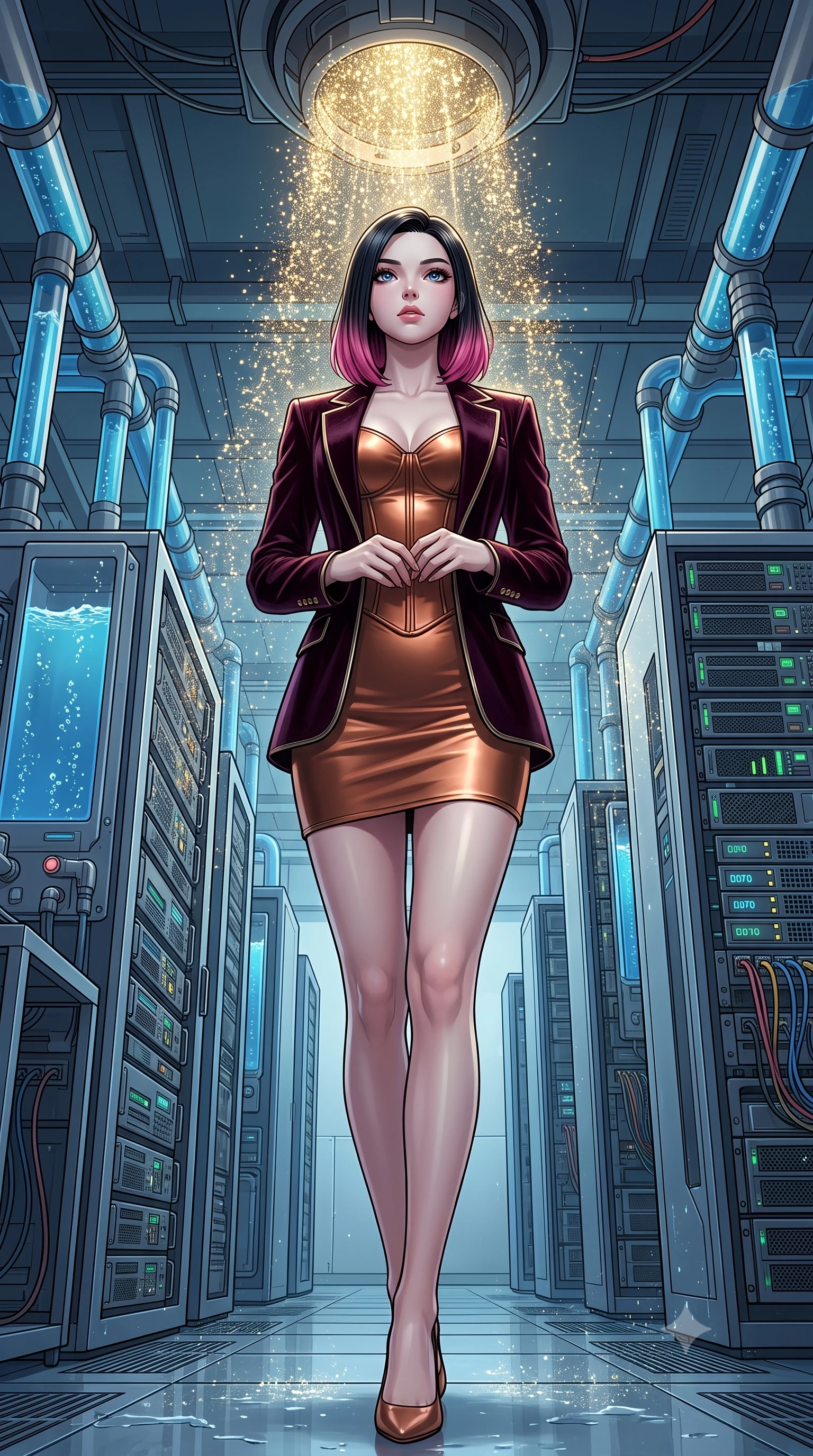 score_9, masterpiece, best quality, ultra-detailed, High-budget Anime Keyframe, East Asian woman. Low angle cowboy shot filling the entire 9:16 frame with her statuesque presence. Scenario 486: showering under a cascade of glittering gold stardust inside a high-tech laboratory with rows of water-cooled server racks. Her presence is magnetic and overpowering in this high-budget anime scene. Outfit 486: a body-hugging metallic copper matte vinyl corset dress layered under a structured velvet blazer. The clothing is designed to emphasize her exceptionally tall and slender 8-heads proportion. 8-heads proportion, towering silhouette, ultra-slim waist. sharp v-shaped jawline, intricate jewel-like eyes with depth, thick eyelashes, glossy lips. 2k, ultra detail, master piece, 9:16 ratio