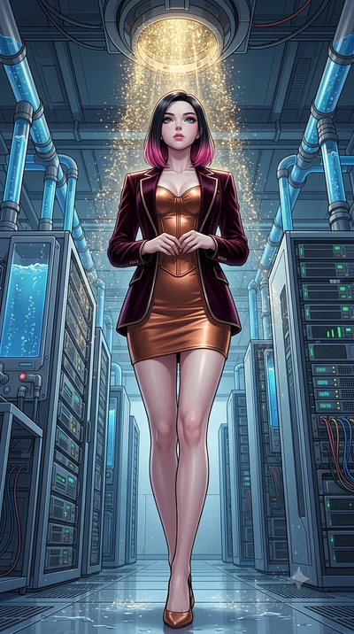 score_9, masterpiece, best quality, ultra-detailed, High-budget Anime Keyframe, East Asian woman. Low angle cowboy shot filling the entire 9:16 frame with her statuesque presence. Scenario 486: showering under a cascade of glittering gold stardust in