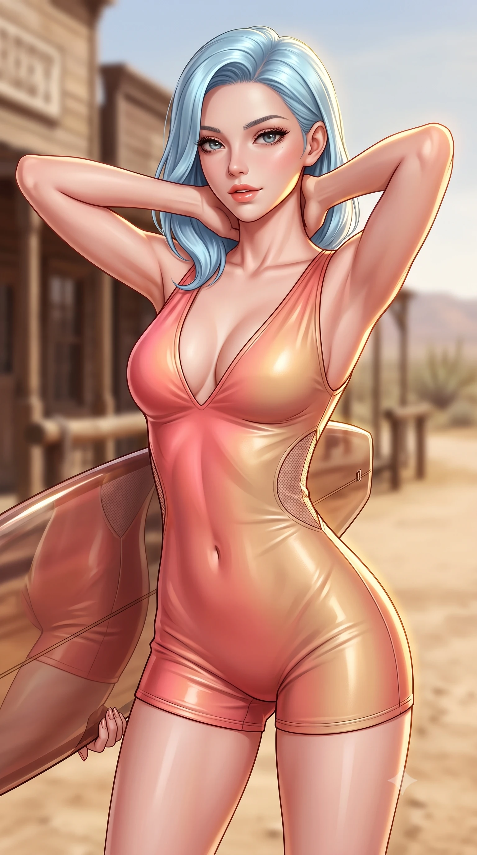 score_9, masterpiece, best quality, ultra-detailed, high-budget anime keyframe, semi-realistic 3D game render, editorial fashion photography, tasteful artistic composition, Korean woman. close-up cowboy shot from the waist and thighs up, the character dominates the composition, filling the frame with her large presence. resting both hands lightly behind her neck with elbows raised, arching her spine to highlight her narrow waist, flat midriff, and breathtaking collarbones while twisting her slender torso in an alluring contrapposto stance, dry desert breeze molding her form-fitting outfit to her hourglass curves. The background shows a soft-focus dusty ghost town Main Street facades, hitching posts, and distant sagebrush blurred into sepia, walnut, and dusty amber bokeh. She has an exceptionally elegant, slender, and willowy female figure with an ultra-slim waist, flat toned midriff, narrow ribcage, and sculpted feminine hips creating an alluring, slim hourglass silhouette without bulk. sharp v-shaped jawline, high-bridge nose, sparkling eyes with hypnotic seductive depth, thick curled eyelashes, glossy parted lips with a natural dewy peach sheen, alluring bedroom-eyes with an enchanting coquettish smile, exuding magnetic siren charisma and sophisticated glamour, flawlessly proportioned anatomical accuracy, strict slender model proportions, natural body alignment, perfectly sculpted long slender limbs, ultra-slim waistline, clean dynamic posture without body distortion. wearing a deep V-neck wet-look liquid lycra romper with side-torso mesh inserts accentuating her hourglass curves in sun-kissed coral pink and golden sand beige, woven from buttery-soft stretch lambskin leather adhering to her body like a second skin, accented with a custom high-gloss tinted surfboard held lightly with one hand, the glove-like clinging cut tightly following the natural contour of her hips and long slender legs with youthful 8.5-heads elegance. illuminated by boardwalk wood reflection bounce and sharp golden rim lights defining her razor-sharp jawline, flat midriff, and curvy hips. highly saturated vibrant anime colors, detailed shading with soft gradients, rich glossy textures, high-contrast stereoscopic depth, volumetric dynamic lighting, master piece, 9:16 ratio