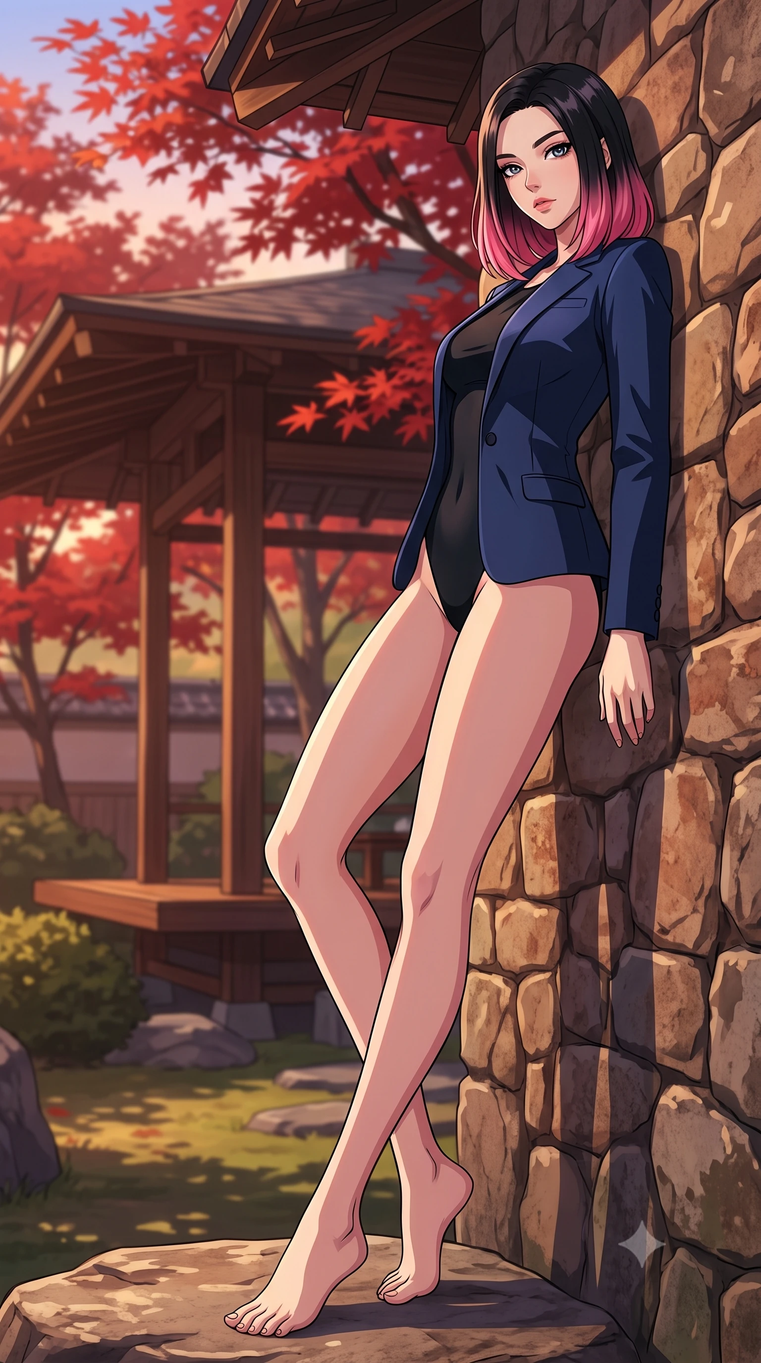 score_9, masterpiece, best quality, ultra-detailed, high-budget anime keyframe, tasteful artistic composition, Korean woman. low angle full-body shot from head to toe showing her feet, filling the entire 9:16 vertical frame with her statuesque presence, stretching her vertical silhouette. leaning back against a rustic stone wall, casting a slow, alluring gaze at the camera the background shows a soft-focus a private garden tea deck surrounded by red maple trees at dusk. She has an absolutely perfect, statuesque 8.5-heads proportion, an exceptionally tall and slender model-like female figure with impossibly long slender legs and an ultra-slim waist. sharp v-shaped jawline, high-bridge nose, intricate jewel-like eyes with depth, thick eyelashes, glossy lips with a natural sheen. wearing a form-contouring sleek tailored blazer in navy blue worn closed over a tight-fitting black bodysuit. warm sunset light casting long, clean shadow lines from the garden's architecture. highly saturated vibrant anime colors, cel-shading, 2d style, master piece, 9:16 ratio