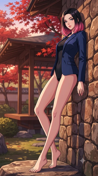 score_9, masterpiece, best quality, ultra-detailed, high-budget anime keyframe, tasteful artistic composition, Korean woman. low angle full-body shot from head to toe showing her feet, filling the entire 9:16 vertical frame with her statuesque presen