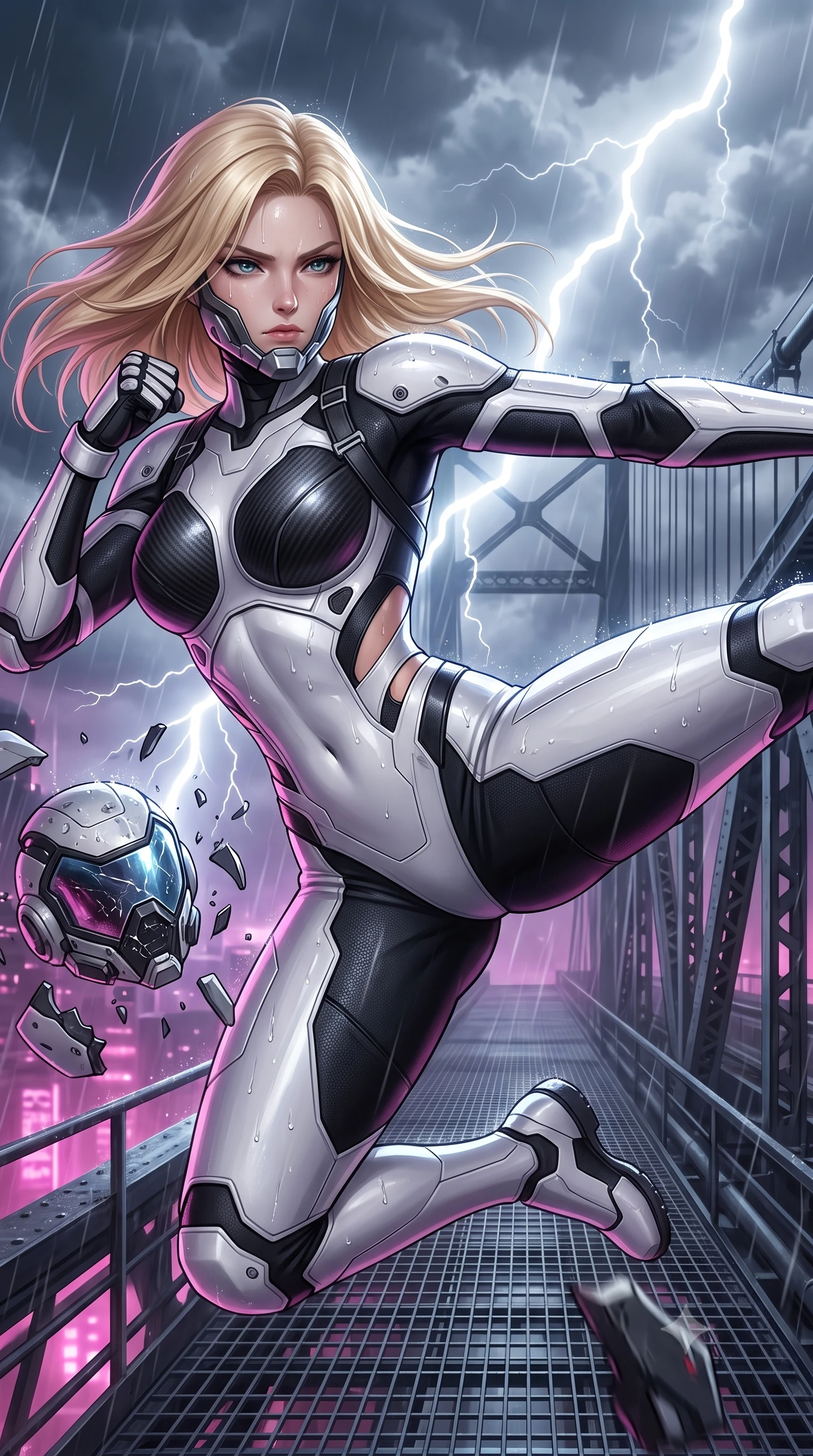 score_9, masterpiece, best quality, ultra-detailed, high-budget anime keyframe, semi-realistic 3D game render, editorial fashion photography, tasteful artistic composition, Caucasian woman. close-up cowboy shot from the waist and thighs up, the character dominates the composition, filling the frame with her large presence. tilting her head slightly with solemn warrior composure, sweat and rain glistening on her sculpted collarbones and high-bridge nose while delivering a high-velocity flying side-kick that shatters a defense drone mid-air against the stormy clouds. The surrounding environment is rendered in vivid detail and crisp panoramic clarity. crystal-clear transparent visor reflections, distinct raindrop beads on armor, and bridge steel grating in deep focus. She has an exceptionally elegant, slender, and willowy female figure with an ultra-slim waist, a gracefully sculpted slender torso, toned flat midriff, and a refined slim silhouette. sharp v-shaped jawline, high-bridge nose, intricate jewel-like eyes with depth, thick eyelashes, glossy lips with a natural sheen, fierce and resolute heroine expression, flawlessly proportioned anatomical accuracy, strict slender model proportions, natural body alignment, perfectly sculpted long slender limbs, ultra-slim waistline, clean dynamic posture without body distortion. wearing a sleek titanium half-face combat rebreather guard protecting her lower jaw while leaving her expressive eyes and long hair flowing freely, paired with a form-contouring high-mobility battle-suit featuring sculpted carbon chest plating, diagonal midriff ventilation cutouts, and kinetic knee vambraces in monochrome white enamel carbon with high-contrast black tactical panels, crafted from ultra-strong woven carbon-fiber composite with battle-tested satin luster, complemented by criss-cross back harness straps highlighting her completely bare spine, the form-contouring material adhering flawlessly to her sculpted flat midriff and slender torso, emphasizing her long leg lines and perfectly proportioned willowy build. bathed in dramatic white lightning flashes and glowing magenta city neon ambient bounce. rich saturated anime colors with glowing neon highlights, detailed shading with soft gradients, rich glossy textures, high-contrast stereoscopic depth, volumetric dynamic lighting, master piece, 9:16 ratio