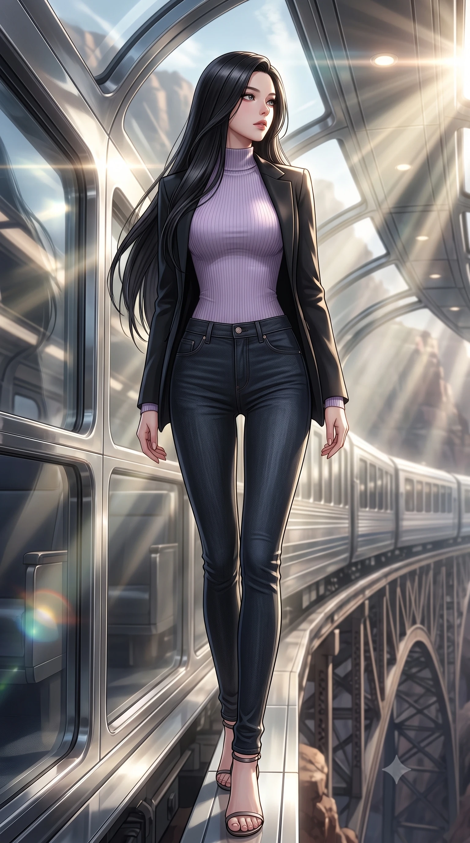 score_9, masterpiece, best quality, ultra-detailed, high-budget anime keyframe, editorial fashion photography, tasteful artistic composition, Korean woman. low angle full-body shot from head to toe showing her feet, filling the entire 9:16 vertical frame with her statuesque presence, stretching her vertical silhouette. stepping gracefully while looking back over her shoulder, her dress draped tightly to reveal her silhouette the background shows a soft-focus the upper deck lounge of a double-decker scenic train crossing a canyon bridge. She has an absolutely perfect, statuesque 8.5-heads proportion, an exceptionally tall and slender model-like female figure with impossibly long slender legs and an ultra-slim waist. sharp v-shaped jawline, high-bridge nose, intricate jewel-like eyes with depth, thick eyelashes, glossy lips with a natural sheen. wearing a slim-fit tight-fitting lavender knit bodysuit worn under a tailored open blazer and jeans. volumetric sunbeams slicing through the glass panels, creating dramatic light rays. ultra-reflective glossy finish, specular highlights, metallic sheen, high-contrast stereoscopic depth, volumetric dynamic lighting, 2k, ultra detail, master piece, 9:16 ratio