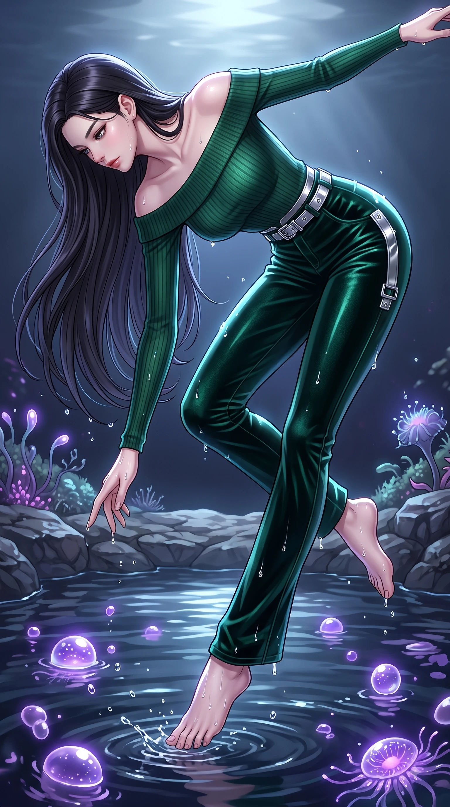score_9, masterpiece, best quality, ultra-detailed, high-budget anime keyframe, editorial fashion photography, tasteful artistic composition, Korean woman. low angle full-body shot from head to toe showing her feet, filling the entire 9:16 vertical frame with her statuesque presence, stretching her vertical silhouette. performing an athletic mid-air rotation with flawless poise, her vertical silhouette beautifully stretched while reaching one arm gently toward the water surface as bioluminescent bubbles cast pearl highlights, water droplets glistening on her skin and clothing with brilliant specular highlights. She has an absolutely perfect, statuesque 8.5-heads proportion, an exceptionally tall and slender model-like female figure with impossibly long slender legs and an ultra-slim waist. sharp v-shaped jawline, high-bridge nose, intricate jewel-like eyes with depth, thick eyelashes, glossy lips with a natural sheen, flawlessly proportioned anatomical accuracy, natural body alignment, perfectly sculpted elegant limbs, clean dynamic posture without body distortion. wearing a sleek off-shoulder ribbed knit top paired with high-waist tailored pants in deep emerald green and silver accent, made of premium stretch velvet with a rich sheen, detailed with polished silver buckles along the waistline, the form-contouring material highlighting her ultra-slim waist and long lines. illuminated by luminous purple bioluminescence and serene silver moonlight. highly saturated vibrant anime colors, detailed shading with soft gradients, rich glossy textures, high-contrast stereoscopic depth, volumetric dynamic lighting, master piece, 9:16 ratio