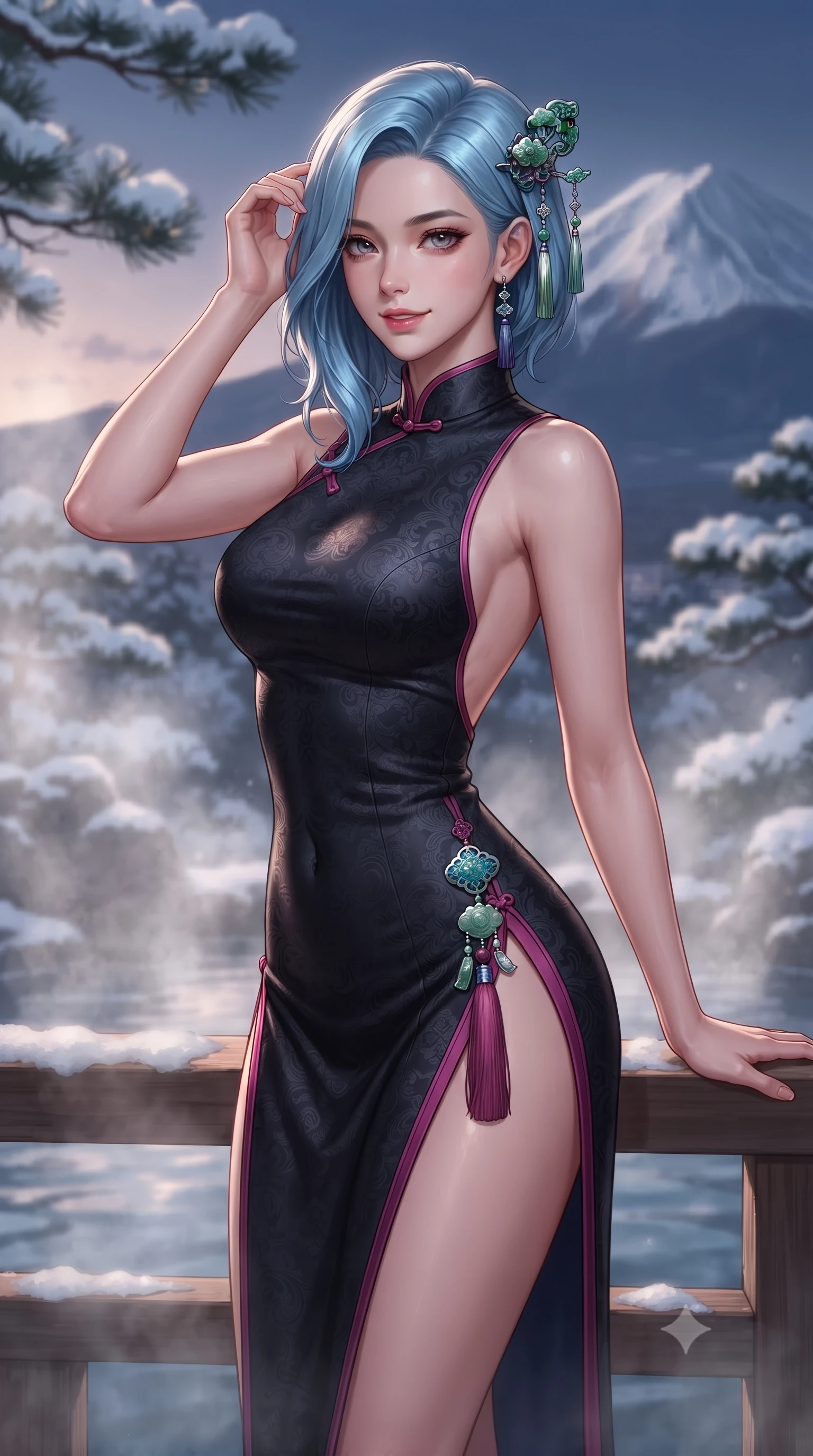 score_9, masterpiece, best quality, ultra-detailed, high-budget anime keyframe, editorial fashion photography, tasteful artistic composition, Korean woman. close-up cowboy shot from the waist and thighs up, the character dominates the composition, filling the frame with her large presence. tilting her head with an alluring smile while arching her spine with dancer poise, one hand touching her ornate jade hairpin in a flirtatious S-curve while standing at the cedar onsen railing overlooking the snow-capped peak of Mount Fuji at dusk, arching her spine with serene seductive poise. The background shows a soft-focus curling thermal onsen steam veils and snow-laden pine branches softened in luxurious Japanese mountain shallow focus. She has an exceptionally elegant, slender, and willowy female figure with an ultra-slim waist, flat toned midriff, narrow ribcage, and sculpted feminine hips creating an alluring, slim hourglass silhouette without bulk. sharp v-shaped jawline, high-bridge nose, intricate jewel-like dark sparkling almond eyes with depth, thick lashes, glossy parted lips with a natural rose-plum sheen, bright alluring and coquettish smile with bedroom-eyes, exuding both timeless oriental elegance and sovereign high-fashion allure, flawlessly proportioned anatomical accuracy, strict slender model proportions, natural body alignment, perfectly sculpted long slender limbs, ultra-slim waistline, clean dynamic posture without body distortion. wearing a form-contouring high-neck modern cheongsam mini dress in midnight black jacquard silk with daring double side hip slits in deep lotus magenta and matte midnight navy, tailored from fine crisp cotton-linen with clean structural lines, finished with an ornate modern norigae tassel with polished jade and chrome charms resting on her curvy hips, the precision-cut side hip slits and low-back scoop framing her graceful spine and the sensual sweep of her slim, toned hips. illuminated by hot spring water caustics and sharp platinum rim lights carving her razor-sharp jawline, narrow waist, and curvy hips. ultra-reflective glossy finish, specular highlights, rich textural contrasts, high-contrast stereoscopic depth, volumetric dynamic lighting, 2k, ultra detail, master piece, 9:16 ratio