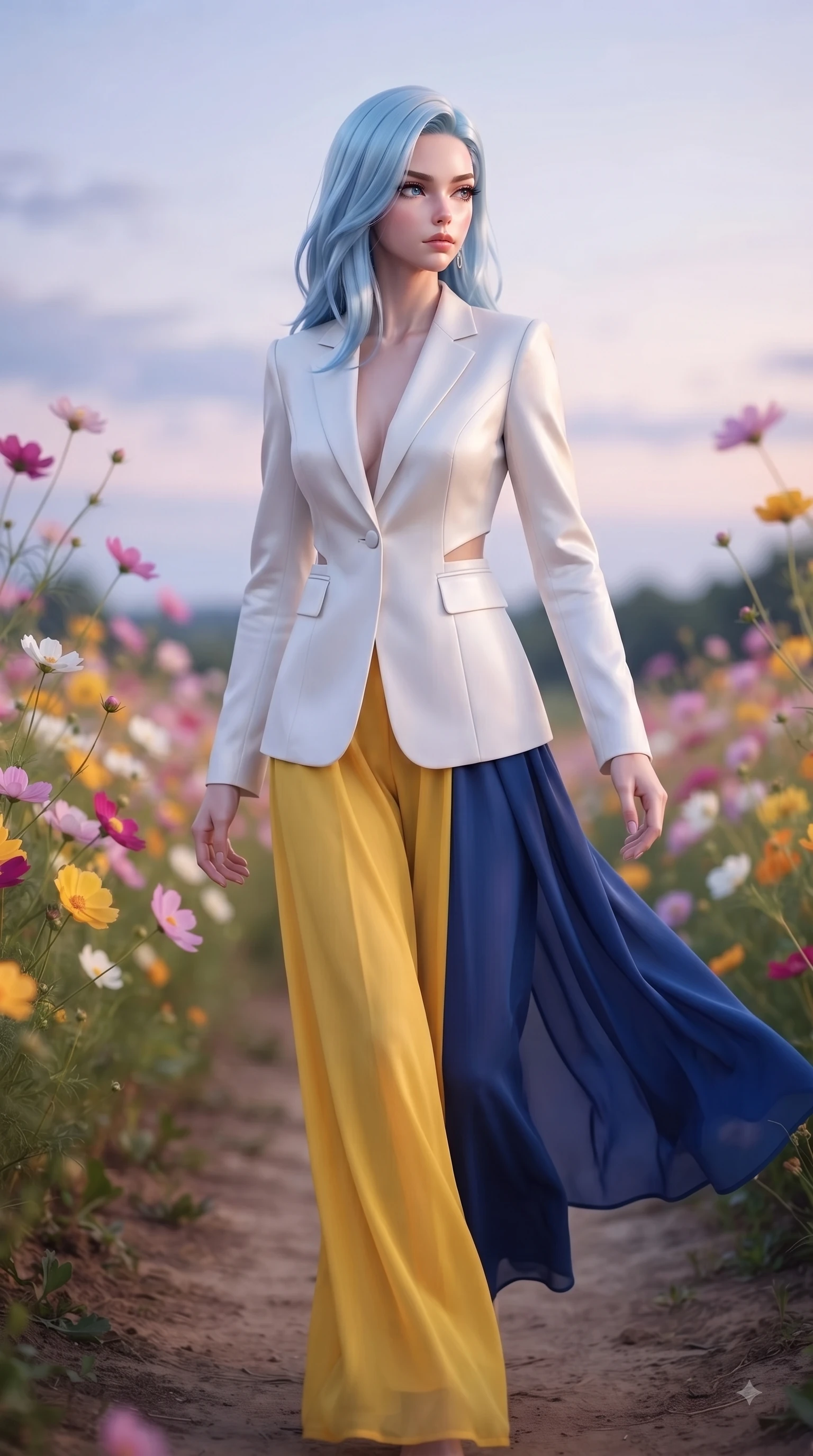 score_9, masterpiece, best quality, ultra-detailed, high-budget anime keyframe, editorial fashion photography, tasteful artistic composition, Korean woman. close-up cowboy shot from the waist and thighs up, the character dominates the composition, filling the frame with her large presence. Indifferent cold glance casting a disdainful side-eye from beneath long dark eyelashes with aloof confidence while stepping along a dirt path flanked by vibrant blossoms with an ethereal editorial grace. The composition keeps background elements in soft focus with dreamy bokeh. swaying flower stems and soft twilight skies softened by gentle shallow depth of field. She has an exceptionally elegant, slender, and willowy female figure with an ultra-slim waist, a gracefully sculpted slender torso, and a refined silhouette. sharp v-shaped jawline, high-bridge nose, intricate jewel-like eyes with depth, thick eyelashes, glossy lips with a natural sheen, flawlessly proportioned anatomical accuracy, natural body alignment, perfectly sculpted elegant limbs, clean dynamic posture without body distortion. wearing a crisp monochrome white tailored suit jacket paired with wide-leg trousers in sunflower yellow and royal navy blue, woven from fine lightweight chiffon fluttering gracefully, complemented by clean architectural seams and subtle cutouts, the sleek second-skin fit accentuating her magnetic presence. surrounded by a romantic, dreamy, and painterly nature editorial atmosphere. ultra-reflective glossy finish, specular highlights, metallic sheen, high-contrast stereoscopic depth, volumetric dynamic lighting, 2k, ultra detail, master piece, 9:16 ratio