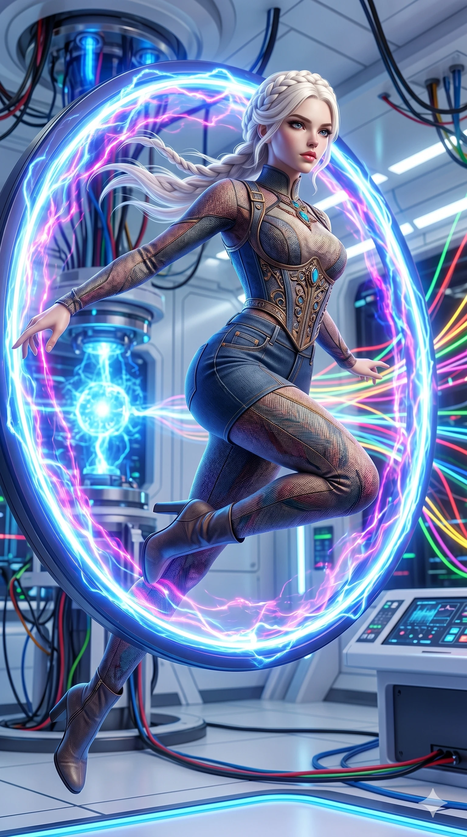 score_9, masterpiece, best quality, ultra-detailed, Set A: Photorealistic 8k CG, Japanese woman. Low angle cowboy shot filling the entire 9:16 frame with her statuesque presence. Leaping through a ring of glowing plasma in a high-tech laboratory. She has an absolutely perfect 8-heads proportion, an exceptionally tall and slender female figure with elegant long slender legs and an slender waist. Sharp v-shaped jawline, high-bridge nose, intricate jewel-like eyes with depth, thick eyelashes, glossy lips. Wearing an Urban Trendsetter outfit: elegant form-fitting dress with high-waist denim and ornate corset. Background is a bright and colorful lab with blue energy cores and vibrant light trails. 2k, ultra detail, master piece, 9:16 ratio