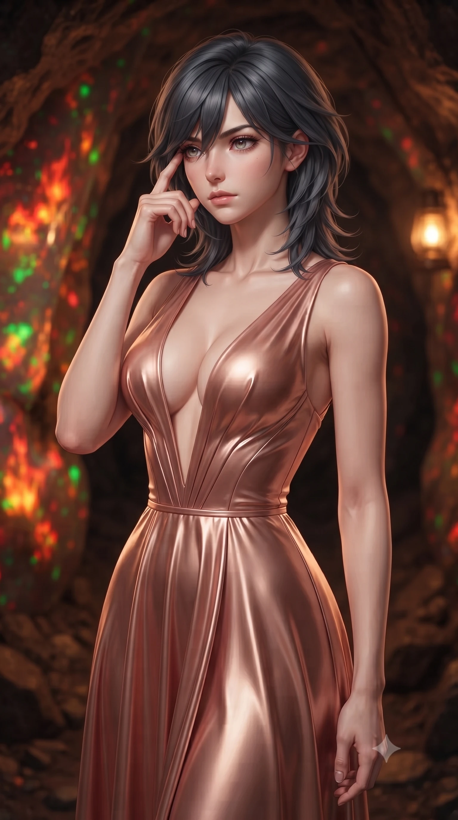 score_9, masterpiece, best quality, ultra-detailed, high-budget anime keyframe, editorial fashion photography, tasteful artistic composition, Caucasian woman, strictly human ears. close-up cowboy shot from the waist and thighs up, the character dominates the composition, filling the frame with her large presence, background elements kept in soft focus. Pressing two fingers to her temple in a composed thoughtful gesture. set against a soft-focus background of deep underground in a mine where the exposed walls are solid fire opal glowing with internal flame-like patterns of red orange and green precious play-of-color shimmering and shifting with viewing angle. She has an exceptionally elegant and slender, willowy female figure with an ultra-slim waist, a gracefully sculpted slender torso, and a refined slim physique. sharp v-shaped jawline, high-bridge nose, intricate jewel-like eyes with depth, thick eyelashes, glossy lips with a natural sheen. wearing a floor-length gown in liquid rose gold, featuring an ultra-deep plunging V-neckline and a highly structured bodice. warm amber mining lamp light reflecting off the fire opal walls which seem to burn with their own internal fire in shifting patterns of red orange and green creating a gem-lit cavern. 2k, ultra detail, master piece, 9:16 ratio