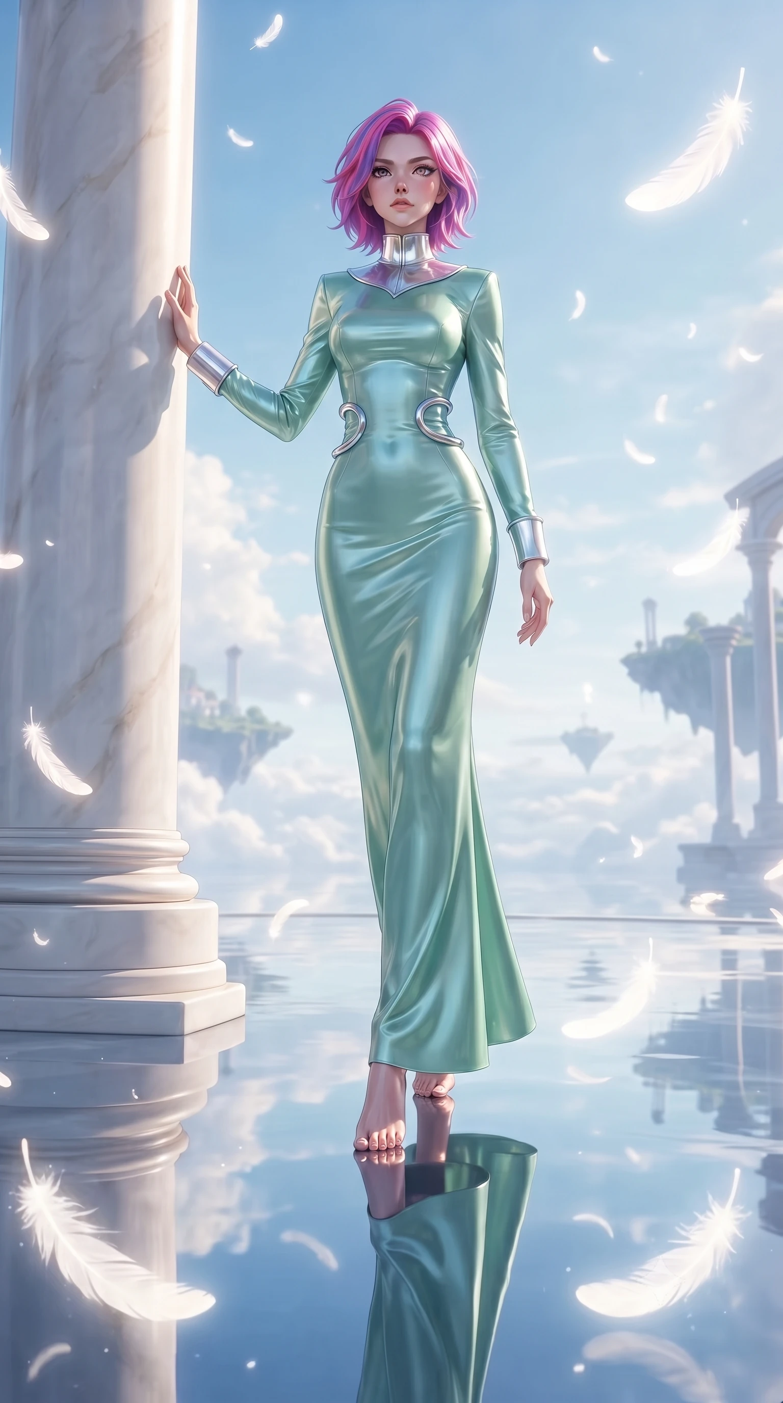score_9, masterpiece, best quality, ultra-detailed, high-budget anime keyframe, editorial fashion photography, tasteful artistic composition, Caucasian woman. low angle full-body shot from head to toe showing her feet, filling the entire 9:16 vertical frame with her statuesque presence, stretching her vertical silhouette. navigating the celestial sanctuary with an effortless, graceful stride, resting against an alabaster pillar surrounded by glowing white feather dust, flawless mirror lake surface reflecting sky clouds and her silhouette. She has an absolutely perfect, statuesque 8.5-heads proportion, an exceptionally tall and slender model-like female figure with impossibly long slender legs and an ultra-slim waist. sharp v-shaped jawline, high-bridge nose, intricate jewel-like eyes with depth, thick eyelashes, glossy lips with a natural sheen. wearing long-sleeved seafoam green satin gown with high structured collar in radiant platinum, made of high-gloss liquid pearl vinyl, accented with sculpted opal chrome rings at the waist, accentuating her gracefully sculpted slender torso. lit by clear sun-drenched light casting gentle morning shadows. ultra-reflective glossy finish, specular highlights, metallic sheen, high-contrast stereoscopic depth, volumetric dynamic lighting, 2k, ultra detail, master piece, 9:16 ratio