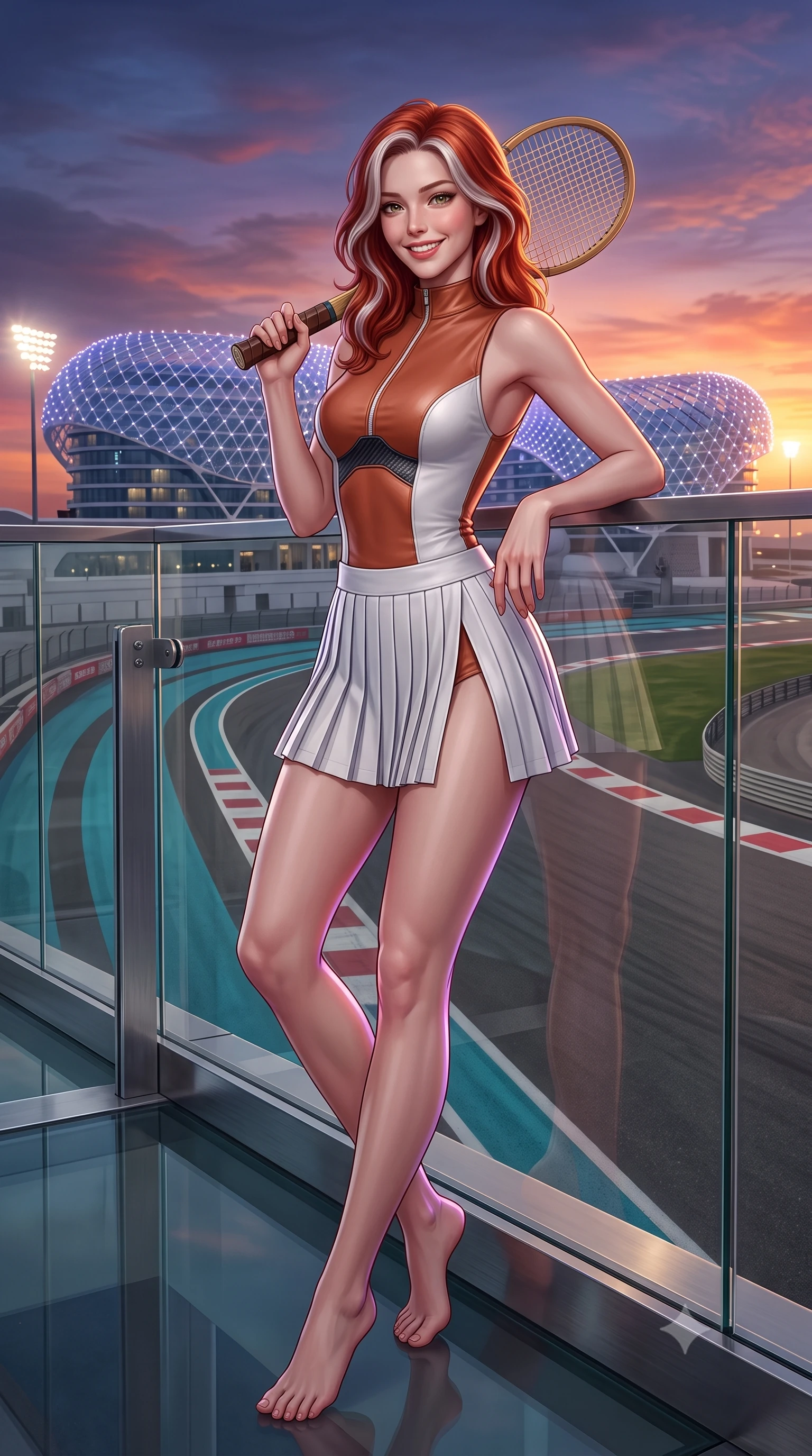 score_9, masterpiece, best quality, ultra-detailed, high-budget anime keyframe, semi-realistic 3D game render, editorial fashion photography, tasteful artistic composition, Caucasian woman. low angle full-body shot from head to toe showing her feet, filling the entire 9:16 vertical frame with her statuesque presence, stretching her vertical silhouette. leaning deep against the pit lane barrier with hips cocked back in an unapologetically alluring high-fashion stance, flashing a warm beaming smile while standing poised on the glass-walled VIP rooftop terrace as the sun sets over the futuristic illuminated grid shell hotel, arching her back with majesty. The surrounding environment is rendered in vivid detail and crisp panoramic clarity: sharp glass parapet bevels, brushed aluminum deck fittings, and racetrack curbing texture in deep focus. She has an absolutely perfect, statuesque 8.5-heads proportion, an exceptionally tall and slender model-like female figure with impossibly long slender legs, an ultra-slim waist, a flat toned midriff, narrow delicate ribcage, and beautifully sculpted feminine hips creating a graceful, slim hourglass silhouette without any bulky heaviness. sharp v-shaped jawline, high-bridge nose, sparkling eyes with athletic focus and depth, thick curled eyelashes, glossy parted lips with a natural coral-peach sheen, bright confident and coquettish smile with alluring bedroom-eyes, exuding both youthful sporty vigor and sovereign high-society glamour, flawlessly proportioned anatomical accuracy, strict slender model proportions, natural body alignment, perfectly sculpted long slender limbs, ultra-slim waistline, clean dynamic posture without body distortion. wearing a sleeveless high-collar racing bodysuit with carbon-fiber chestplate accents and a pleated wrap tennis skirt with side hip slit in classic clay-court terracotta and cloud white, crafted from supple buttery lambskin racing leather with a satin sheen, featuring a vintage wooden tennis racket held casually over one shoulder, the precision-cut side openings and low-back scoop framing her graceful spine and the sensual sweep of her slim, athletic hips. illuminated by track floodlight bounce and sharp violet-gold rim lights sculpting her razor-sharp jawline, narrow waist, and curvy hips. highly saturated vibrant anime colors, detailed shading with soft gradients, rich glossy textures, high-contrast stereoscopic depth, volumetric dynamic lighting, master piece, 9:16 ratio