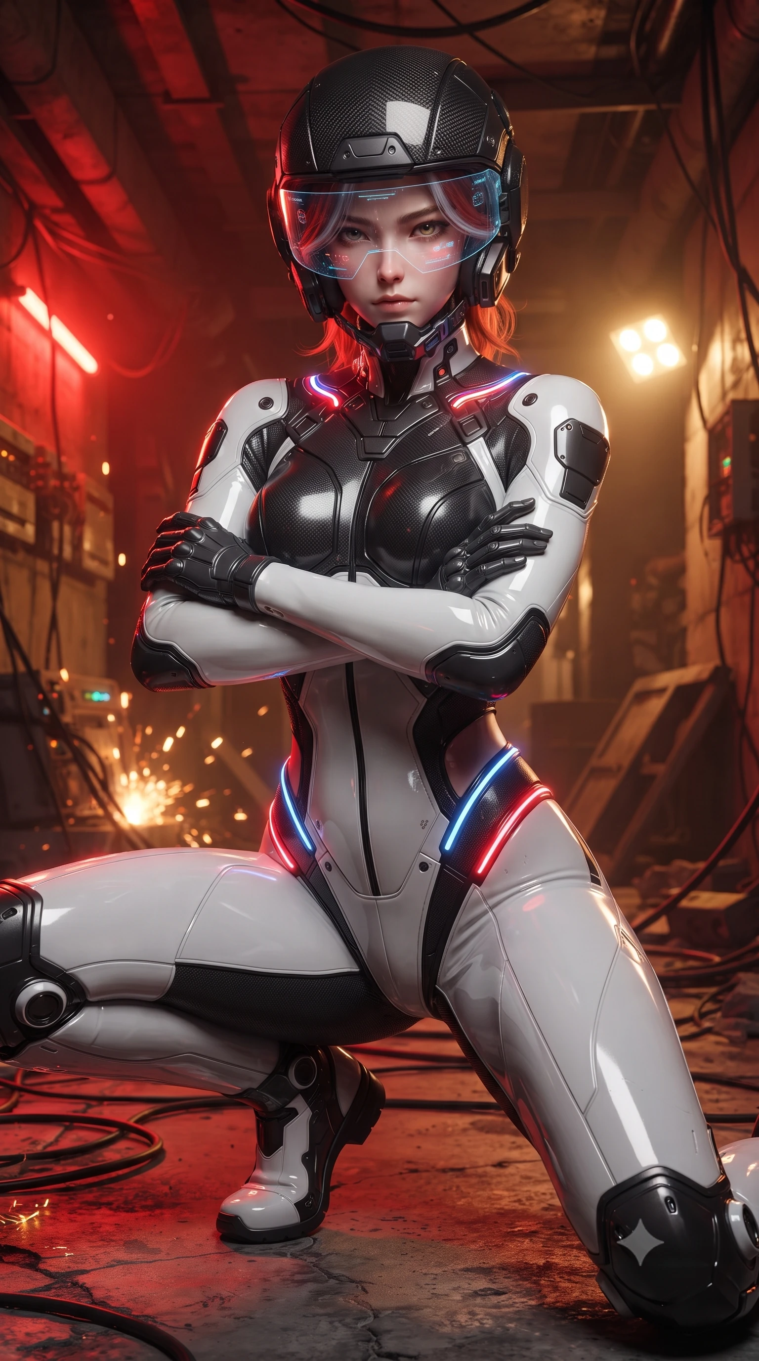score_9, masterpiece, best quality, ultra-detailed, high-budget anime keyframe, editorial fashion photography, tasteful artistic composition, Caucasian woman. close-up cowboy shot from the waist and thighs up, the character dominates the composition, filling the frame with her large presence. shifting into a low cat-stance with arms crossed defensively, glowing energy conduits tracing her ultra-slim waist and sculpted clavicle while standing tall under blinking emergency floodlights as the bunker security systems spark and collapse in defeat. The surrounding environment is rendered in vivid detail and crisp panoramic clarity. intense bunker chiaroscuro and fortified underground brutalist architecture rendered with precision. She has an exceptionally elegant, slender, and willowy female figure with an ultra-slim waist, a gracefully sculpted slender torso, toned flat midriff, and a refined slim silhouette. sharp v-shaped jawline, high-bridge nose, intricate jewel-like eyes with depth, thick eyelashes, glossy lips with a natural sheen, fierce and resolute heroine expression, flawlessly proportioned anatomical accuracy, strict slender model proportions, natural body alignment, perfectly sculpted long slender limbs, ultra-slim waistline, clean dynamic posture without body distortion. wearing an open-face aerodynamic carbon-fiber combat helmet with a retracted transparent holographic HUD visor framing her sharp jawline and jewel-like eyes, paired with a form-contouring high-mobility battle-suit featuring sculpted carbon chest plating, diagonal midriff ventilation cutouts, and kinetic knee vambraces in monochrome white enamel carbon with high-contrast black tactical panels, crafted from ultra-strong woven carbon-fiber composite with battle-tested satin luster, accented with glowing fiber-optic telemetry conduits tracing her collarbones and hip curves, the precision-cut daring openings accentuating her delicate midriff, graceful bare collarbones, and ultra-slim feminine waistline. bathed in intense pulsing red hazard strobe lighting and warm golden emergency lamp fill. ultra-reflective glossy finish, specular highlights, dark metallic sheen, high-contrast stereoscopic depth, volumetric dynamic lighting, 2k, ultra detail, master piece, 9:16 ratio