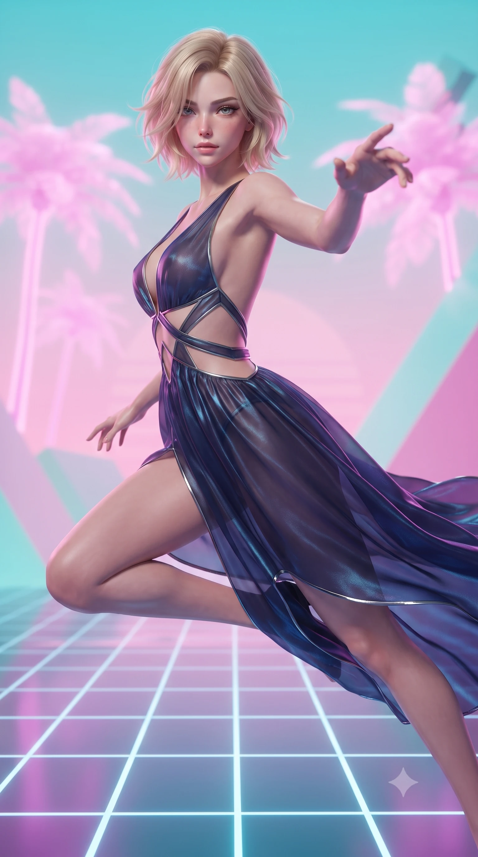 score_9, masterpiece, best quality, ultra-detailed, high-budget anime keyframe, editorial fashion photography, tasteful artistic composition, Caucasian woman. close-up cowboy shot from the waist and thighs up, the character dominates the composition, filling the frame with her large presence, background elements kept in soft focus. Reaching her hand gracefully toward the camera with magnetic allure, her torso turning in a dynamic S-curve alignment while leaping across a synthwave grid floor surrounded by lo-fi pink neon palm trees, pastel pink and turquoise gradients creating a nostalgic 80s aesthetic. She has an exceptionally elegant, slender, and willowy female figure with an ultra-slim waist, a gracefully sculpted slender torso, and a refined silhouette. sharp v-shaped jawline, high-bridge nose, intricate jewel-like eyes with depth, thick eyelashes, glossy lips with a natural sheen, flawlessly proportioned anatomical accuracy, natural body alignment, perfectly sculpted elegant limbs, clean dynamic posture without body distortion. wearing a translucent iridescent chiffon gown with a plunging neckline and open back in midnight navy blue and chrome trim, woven from fine semi-opaque sheer organza, featuring subtle geometric cutouts that highlight her ultra-slim midriff, the elegant draped fit framing her graceful clavicle and slender torso. surrounded by a dreamlike vaporwave ambiance with smooth gradients. ultra-reflective glossy finish, specular highlights, metallic sheen, high-contrast stereoscopic depth, volumetric dynamic lighting, 2k, ultra detail, master piece, 9:16 ratio