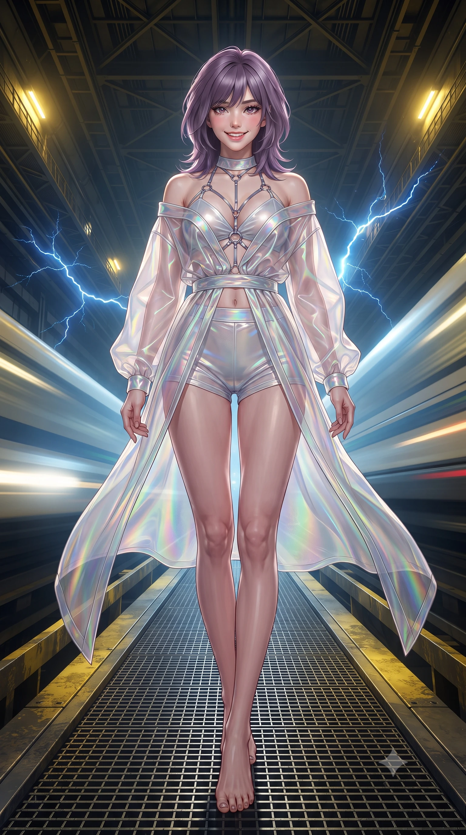 score_9, masterpiece, best quality, ultra-detailed, high-budget anime keyframe, editorial fashion photography, tasteful artistic composition, Japanese woman. low angle full-body shot from head to toe showing her feet, filling the entire 9:16 vertical frame with her statuesque presence, stretching her vertical silhouette. stepping slowly toward the camera with hypnotic grace, hips swaying in an alluring sensual rhythm that accentuates her curvy hourglass silhouette and long slender legs while standing poised on the industrial steel catwalk suspended over the massive maglev junction, arching her spine with commanding haute-couture presence as high-speed trains shoot past. The background shows a soft-focus industrial ozone haze softened in subterranean transit hub shallow focus. She has an exceptionally tall and slender model-like 8.5-heads proportion, an ultra-slim waist, a flat toned midriff, narrow delicate ribcage, and beautifully sculpted feminine hips creating a graceful, slim hourglass silhouette without any bulky heaviness, with impossibly long slender legs. sharp v-shaped jawline, high-bridge nose, intricate jewel-like sparkling eyes with depth, thick eyelashes, glossy parted lips with a natural peach sheen, bright cheerful beaming smile with an enchanting and coquettish sensual glint, exuding both youthful cute charm and seductive allure, flawlessly proportioned anatomical accuracy, strict slender model proportions, natural body alignment, perfectly sculpted long slender limbs, ultra-slim waistline, clean dynamic posture without body distortion. wearing a translucent iridescent organza tactical robe slipping off bare shoulders over a matching satin micro-bralette and combat shorts in holographic prismatic pearl and aerospace white, woven from fine semi-opaque stretch illusion mesh tracing her slender contours, accented with a chrome-drop body harness subtly framing her dewy collarbones and spine, the impeccably tailored cut draping gracefully along her slender figure with aristocratic poise. bathed in high-contrast industrial sodium-vapor yellow lighting punctuated by bright blue electrical spark flashes. ultra-reflective glossy finish, specular highlights, rich textural contrasts, high-contrast stereoscopic depth, volumetric dynamic lighting, 2k, ultra detail, master piece, 9:16 ratio