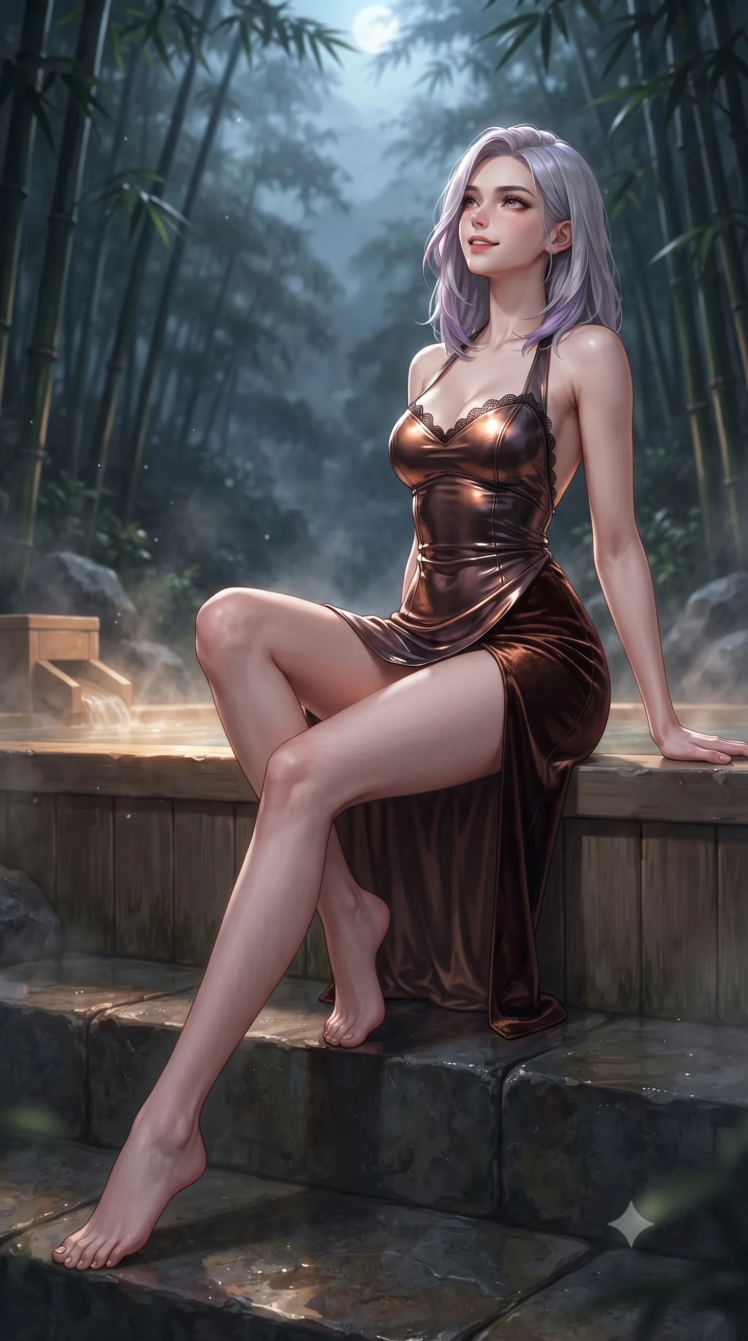 score_9, masterpiece, best quality, ultra-detailed, high-budget anime keyframe, editorial fashion photography, tasteful artistic composition, Caucasian woman. low angle full-body shot from head to toe showing her feet, filling the entire 9:16 vertical frame with her statuesque presence, stretching her vertical silhouette. sitting poised on the stone steps with one knee bent, arching her spine with supermodel elegance as she glances upward through thick eyelashes while sitting on the aromatic Hinoki cedar rim of the steaming outdoor bath, arching her back with wet-look siren grace under the moon. The background shows a soft-focus dense black bamboo groves, swaying bamboo leaves, and misty midnight mountain air blurred into jade, charcoal, and silver bokeh. She has an absolutely perfect, statuesque 8.5-heads proportion, an exceptionally tall and slender model-like female figure with impossibly long slender legs, an ultra-slim waist, a flat toned midriff, narrow delicate ribcage, and beautifully sculpted feminine hips creating a graceful, slim hourglass silhouette without any bulky heaviness. sharp v-shaped jawline, high-bridge nose, sparkling eyes with hypnotic seductive depth, thick curled eyelashes, glossy parted lips with a natural dewy peach sheen, alluring bedroom-eyes with an enchanting coquettish smile, exuding magnetic siren charisma and sophisticated glamour, flawlessly proportioned anatomical accuracy, strict slender model proportions, natural body alignment, perfectly sculpted long slender limbs, ultra-slim waistline, clean dynamic posture without body distortion. wearing a slinky backless halterneck column mini dress in shimmering liquid vinyl clinging like a second skin in sultry espresso bronze and metallic copper, tailored from ultra-plush velvet with rich tactile depth and deep shadow gradients, finished with scalloped eyelash lace trim framing her sweetheart neckline with intimate elegance, the high-slit wrap tailoring accentuating her ultra-slim waistline and the enchanting curve of her feminine hips with alluring seductive charm. bathed in warm underwater onsen illumination combined with celestial moonlight filtering through the bamboo canopy. ultra-reflective glossy finish, specular highlights, rich textural contrasts, high-contrast stereoscopic depth, volumetric dynamic lighting, 2k, ultra detail, master piece, 9:16 ratio