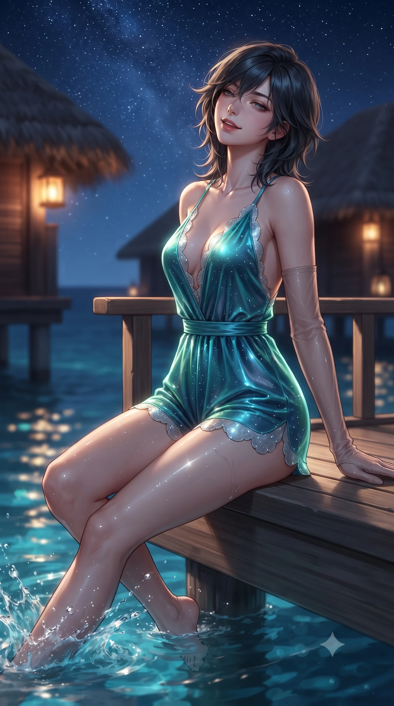 score_9, masterpiece, best quality, ultra-detailed, high-budget anime keyframe, editorial fashion photography, tasteful artistic composition, Caucasian woman. close-up cowboy shot from the waist and thighs up, the character dominates the composition, filling the frame with her large presence. leaning back against the balustrade with relaxed seductive grace, head tilted back slightly while casting a hypnotic, heavy-lidded gaze while perched sideways on the wooden deck edge with legs dipped in the warm sea, splashing water playfully with a coquettish, teasing smile. The background shows a soft-focus endless dark Indian Ocean horizon meeting brilliant starry sky, thatched villa roofs lit by warm amber lanterns, and gentle lagoon ripples blurred into sapphire, honey, and starlight bokeh. She has an exceptionally elegant, slender, and willowy female figure with an ultra-slim waist, flat toned midriff, narrow ribcage, and sculpted feminine hips creating an alluring, slim hourglass silhouette without bulk. sharp v-shaped jawline, high-bridge nose, sparkling eyes with hypnotic seductive depth, thick curled eyelashes, glossy parted lips with a natural dewy peach sheen, alluring bedroom-eyes with an enchanting coquettish smile, exuding magnetic siren charisma and sophisticated glamour, flawlessly proportioned anatomical accuracy, strict slender model proportions, natural body alignment, perfectly sculpted long slender limbs, ultra-slim waistline, clean dynamic posture without body distortion. wearing a plunge-neck stretch velvet romper with scalloped eyelash-lace hems and a cinched waist ribbon in bioluminescent neon teal and starlight silver, crafted from wet-look high-gloss vinyl fabric with dazzling specular surface reflections, complemented by sheer opera-length evening gloves tracing her slender arms, the second-skin tailored fabric adhering flawlessly to her sculpted flat midriff and slender torso, emphasizing her long leg lines and perfectly proportioned willowy build. illuminated by lagoon water surface specular highlights and sharp champagne-gold rim lights defining her delicate clavicles, ultra-slim waist, and curvy hips. ultra-reflective glossy finish, specular highlights, rich textural contrasts, high-contrast stereoscopic depth, volumetric dynamic lighting, 2k, ultra detail, master piece, 9:16 ratio