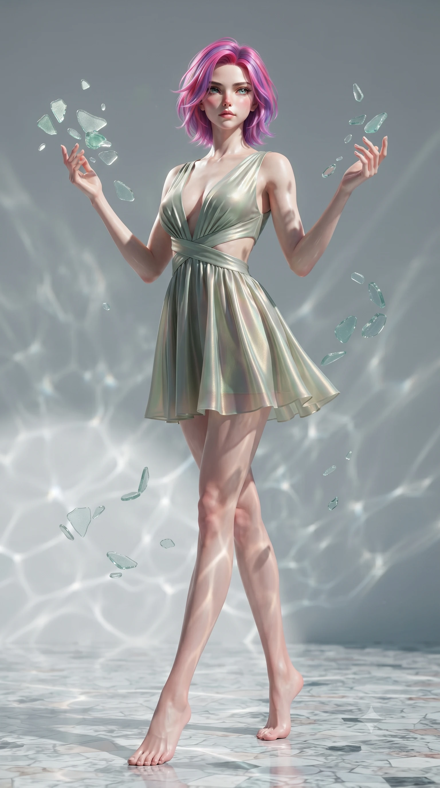 score_9, masterpiece, best quality, ultra-detailed, high-budget anime keyframe, editorial fashion photography, tasteful artistic composition, Caucasian woman. low angle full-body shot from head to toe showing her feet, filling the entire 9:16 vertical frame with her statuesque presence, stretching her vertical silhouette. interacting gracefully with the magical floating elements while maintaining a confident posture gliding over a mosaic marble floor illuminated by caustic water ripples, translucent sea glass fragments drifting gracefully around her. She has an absolutely perfect, statuesque 8.5-heads proportion, an exceptionally tall and slender model-like female figure with impossibly long slender legs and an ultra-slim waist. sharp v-shaped jawline, high-bridge nose, intricate jewel-like eyes with depth, thick eyelashes, glossy lips with a natural sheen. wearing a liquid mercury gloss mini dress with ultra-deep V-neck and waist cutouts in sage green and oatmeal, crafted from iridescent chiffon that shifts colors in the light, featuring clean architectural cutouts along her slender torso, the sleek second-skin texture accentuating her magnetic presence. lit by clear sun-drenched sea light with soft ethereal shadows. ultra-reflective glossy finish, specular highlights, metallic sheen, high-contrast stereoscopic depth, volumetric dynamic lighting, 2k, ultra detail, master piece, 9:16 ratio