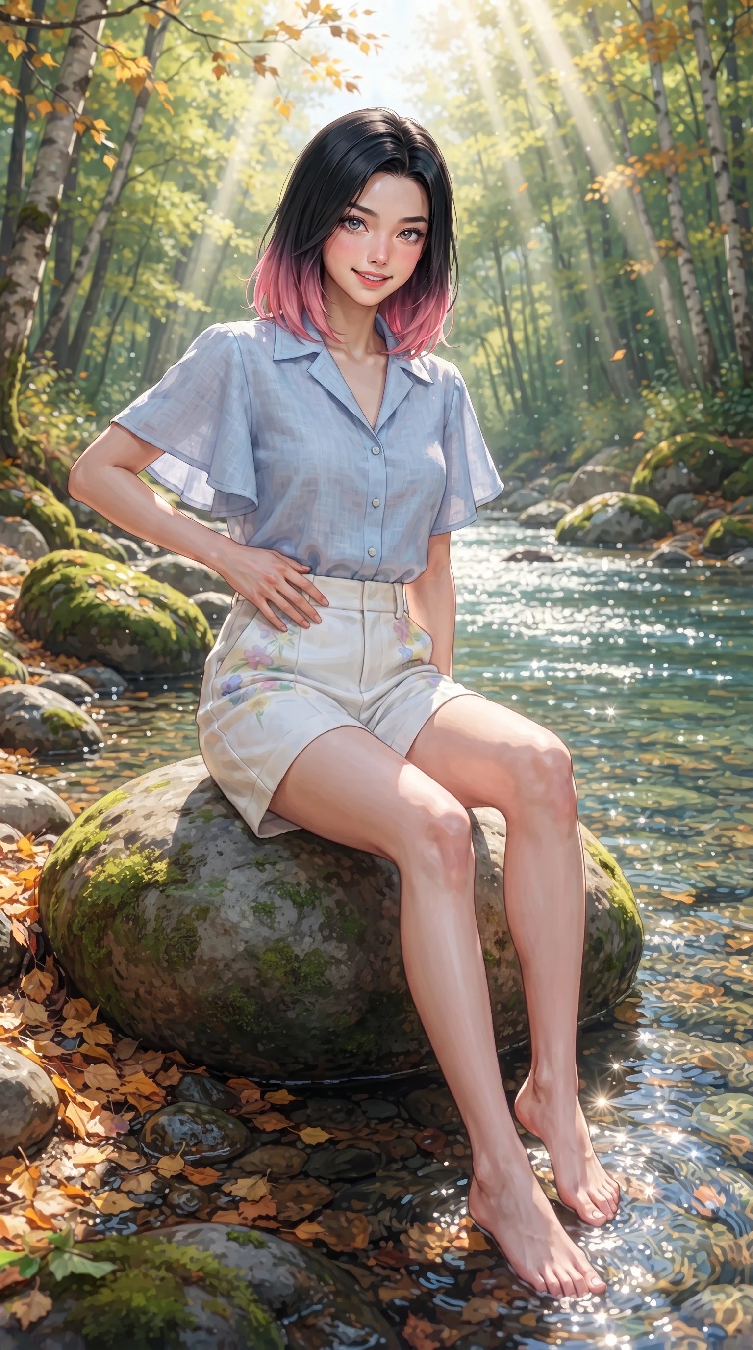 score_9, masterpiece, best quality, ultra-detailed, high-budget anime keyframe, editorial fashion photography, tasteful artistic composition, Korean woman. close-up cowboy shot from the waist and thighs up, the character dominates the composition, filling the frame with her large presence. resting one hand lightly on her waist while casting a charming, captivating side-gaze with thick eyelashes while sitting on a smooth river stone dangling her bare feet near the sparkling water, smiling sweetly into the lens. The surrounding environment is rendered in vivid detail and crisp panoramic clarity. mossy river stones, fallen autumn-gold birch leaves, and panoramic forest glades rendered in crisp clarity. She has an exceptionally elegant, slender, and willowy female figure with an ultra-slim waist, a gracefully sculpted slender torso, toned flat midriff, and a refined slim silhouette. sharp v-shaped jawline, high-bridge nose, intricate jewel-like eyes with depth, thick eyelashes, glossy lips with a natural sheen, pure and lovely fresh girlhood expression, flawlessly proportioned anatomical accuracy, strict slender model proportions, natural body alignment, perfectly sculpted long slender limbs, ultra-slim waistline, clean dynamic posture without body distortion. wearing a lightweight pastel linen button-down shirt paired with tailored high-rise white Bermuda shorts in fresh alpine white with subtle pastel floral accents, tailored from crisp organic cotton poplin, featuring elegant flutter sleeves and a graceful open collar, the chic real-way fashion cut emphasizing her effortless charm, flat midriff, and slender model proportions. bathed in heavenly volumetric sunbeams piercing through the dense birch canopy. ultra-reflective glossy finish, specular highlights, rich natural textures, high-contrast stereoscopic depth, volumetric dynamic lighting, 2k, ultra detail, master piece, 9:16 ratio