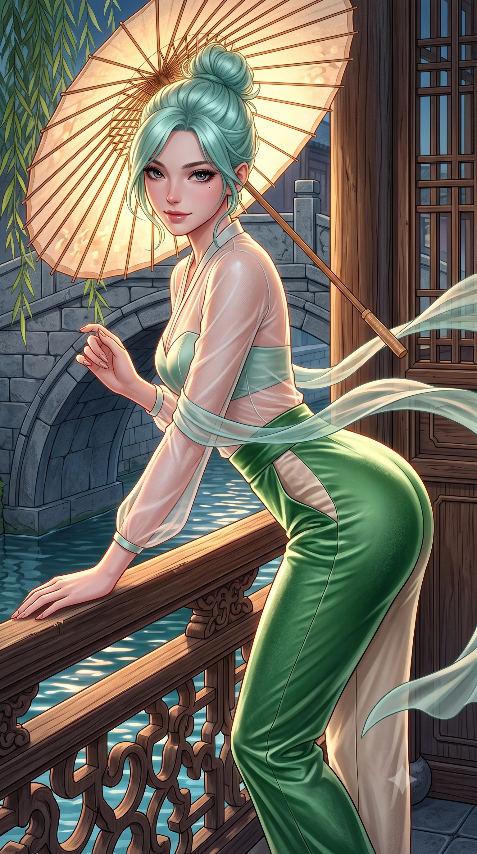 score_9, masterpiece, best quality, ultra-detailed, high-budget anime keyframe, semi-realistic 3D game render, editorial fashion photography, tasteful artistic composition, Japanese woman. close-up cowboy shot from the waist and thighs up, the character dominates the composition, filling the frame with her large presence. leaning forward over the carved veranda balustrade while arching her lower back to accentuate her curvy hips, looking into the camera with an enchanting coquettish smile and bedroom-eyes while holding an illuminated paper wagasa umbrella with one hand while turning gracefully, her long slender legs and curves accentuated by lantern reflections. The surrounding environment is rendered in vivid detail and crisp panoramic clarity: sharp stone bridge masonry, weathered machiya cedar lattice, and delicate willow leaf venation in deep focus. She has an exceptionally elegant, slender, and willowy female figure with an ultra-slim waist, flat toned midriff, narrow ribcage, and sculpted feminine hips creating an alluring, slim hourglass silhouette without bulk. sharp v-shaped jawline, high-bridge nose, intricate jewel-like dark sparkling almond eyes with depth, thick lashes, glossy parted lips with a natural rose-plum sheen, bright alluring and coquettish smile with bedroom-eyes, exuding both timeless oriental elegance and sovereign high-fashion allure, flawlessly proportioned anatomical accuracy, strict slender model proportions, natural body alignment, perfectly sculpted long slender limbs, ultra-slim waistline, clean dynamic posture without body distortion. wearing a sheer technical mesh and silk hanbok blouse worn over a sculpted sweetheart bustier with high-waisted tailored silk trousers in fresh bamboo emerald and soft oatmeal cream, crafted from sumptuous crushed winter velvet with deep light-absorbing plushness, accented with flowing gossamer silk ribbons that flutter dynamically in the evening breeze, the liquid-tight tailored silk fabric clinging flawlessly to her narrow waist and rounded feminine hips, emphasizing every millimeter of her sculpted slim hourglass curves without any bulky heaviness. illuminated by rippling canal water reflections and sharp amber rim lighting sculpting her razor-sharp jawline, narrow waist, and curvy hips. highly saturated vibrant anime colors, detailed shading with soft gradients, rich glossy textures, high-contrast stereoscopic depth, volumetric dynamic lighting, master piece, 9:16 ratio