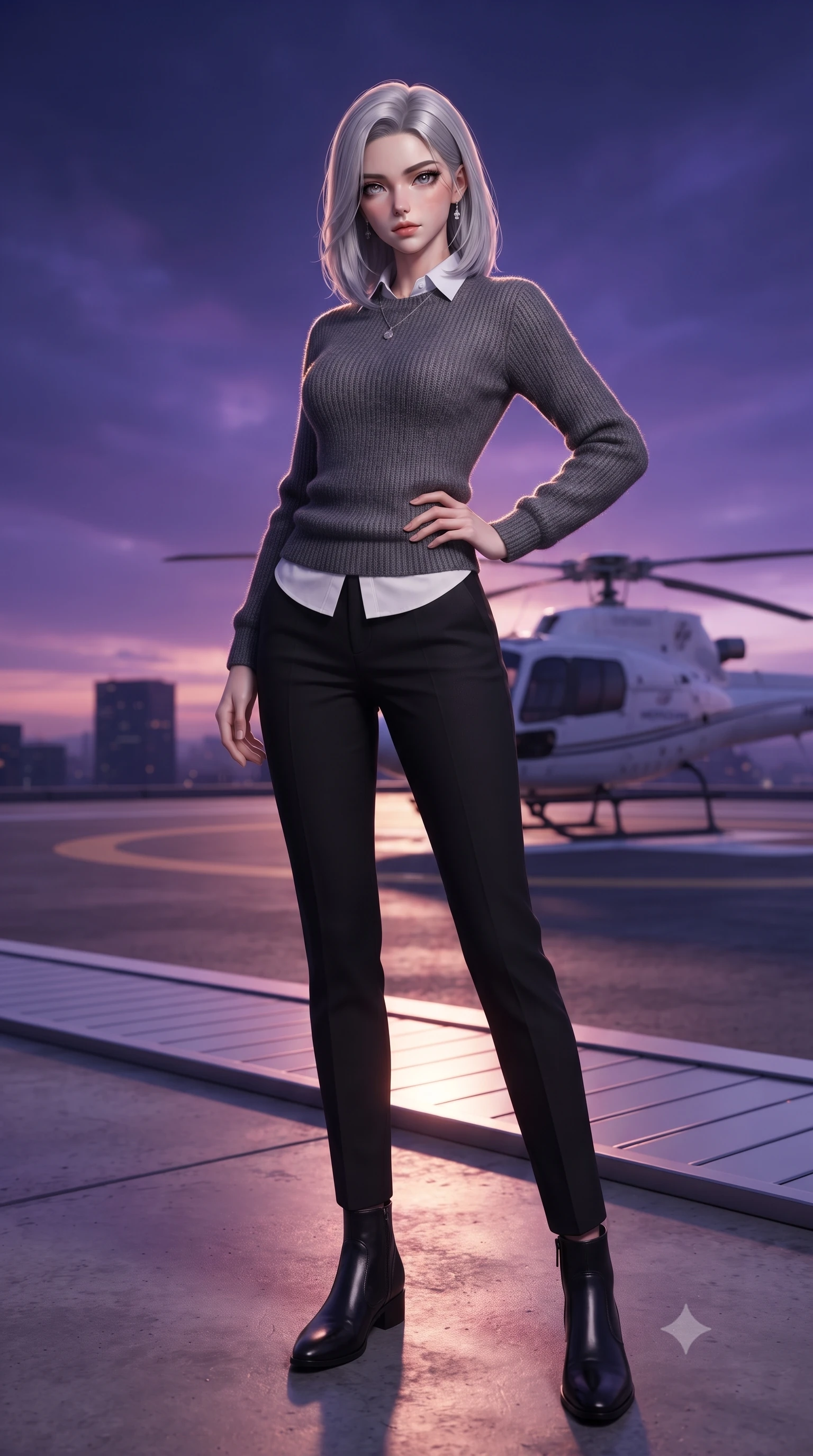 score_9, masterpiece, best quality, ultra-detailed, high-budget anime keyframe, editorial fashion photography, tasteful artistic composition, Caucasian woman. low angle full-body shot from head to toe showing her feet, filling the entire 9:16 vertical frame with her statuesque presence, stretching her vertical silhouette. posing confidently with one hand on her hip, stretching her statuesque body to emphasize her curves the background shows a soft-focus a high-rise rooftop helipad with a sleek white helicopter during a dramatic dusk. She has an absolutely perfect, statuesque 8.5-heads proportion, an exceptionally tall and slender model-like female figure with impossibly long slender legs and an ultra-slim waist. sharp v-shaped jawline, high-bridge nose, intricate jewel-like eyes with depth, thick eyelashes, glossy lips with a natural sheen. wearing a body-hugging cozy charcoal grey knit sweater over a white collared shirt and black slacks. the deep violet and orange twilight sky casting a majestic glow over the tarmac. ultra-reflective glossy finish, specular highlights, metallic sheen, high-contrast stereoscopic depth, volumetric dynamic lighting, 2k, ultra detail, master piece, 9:16 ratio