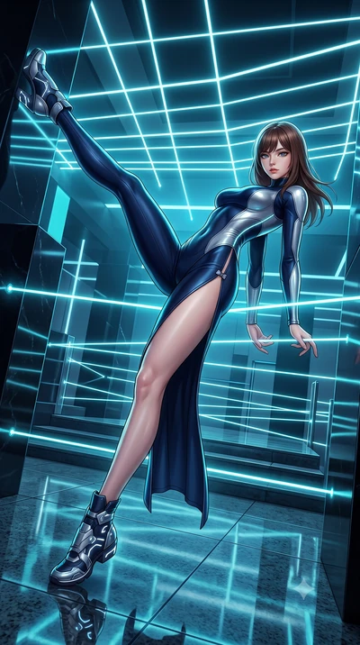 score_9, masterpiece, best quality, ultra-detailed, high-budget anime keyframe, semi-realistic 3D game render, editorial fashion photography, tasteful artistic composition, Korean woman. low angle full-body shot from head to toe showing her feet, fil