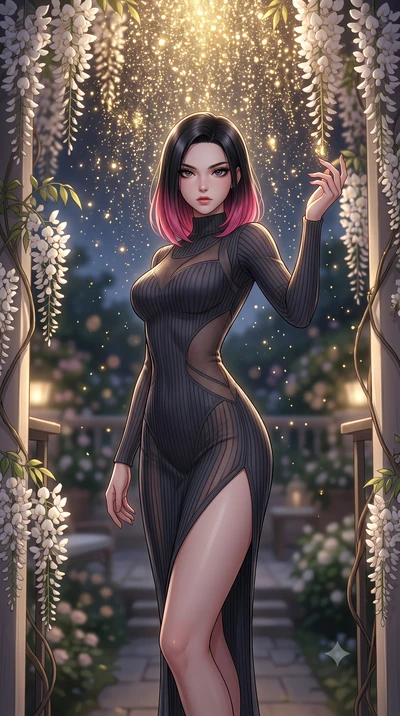 score_9, masterpiece, best quality, ultra-detailed, High-budget Anime Keyframe, East Asian woman. Low angle cowboy shot filling the entire 9:16 frame with her statuesque presence. Scenario 336: showering under a cascade of glittering gold stardust in