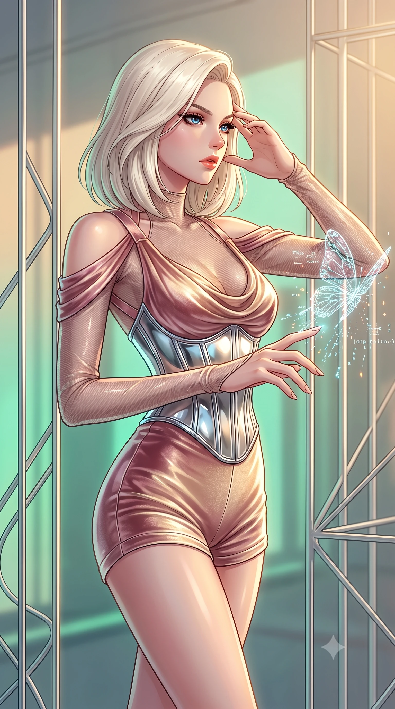 score_9, masterpiece, best quality, ultra-detailed, high-budget anime keyframe, editorial fashion photography, tasteful artistic composition, Caucasian woman. close-up cowboy shot from the waist and thighs up, the character dominates the composition, filling the frame with her large presence, background elements kept in soft focus. Resting her fingers gracefully near her temple, casting a sharp mysterious side-gaze during her stride while reaching her hand out to touch a floating holographic butterfly dispersing code sparks, sleek platinum wire lattices creating clean architectural line frames. She has an exceptionally elegant, slender, and willowy female figure with an ultra-slim waist, a gracefully sculpted slender torso, and a refined silhouette. sharp v-shaped jawline, high-bridge nose, intricate jewel-like eyes with depth, thick eyelashes, glossy lips with a natural sheen, flawlessly proportioned anatomical accuracy, natural body alignment, perfectly sculpted elegant limbs, clean dynamic posture without body distortion. wearing a chrome-plated structured bodice worn over a sheer mesh top and micro-shorts in dusty rose and champagne gold, made of premium stretch velvet with a rich sheen, complemented by criss-cross back straps highlighting her bare shoulders, the elegant draped fit framing her graceful clavicle and slender torso. bathed in warm golden sunlight and soft emerald bioluminescent glow. highly saturated vibrant anime colors, detailed shading with soft gradients, rich glossy textures, high-contrast stereoscopic depth, volumetric dynamic lighting, master piece, 9:16 ratio
