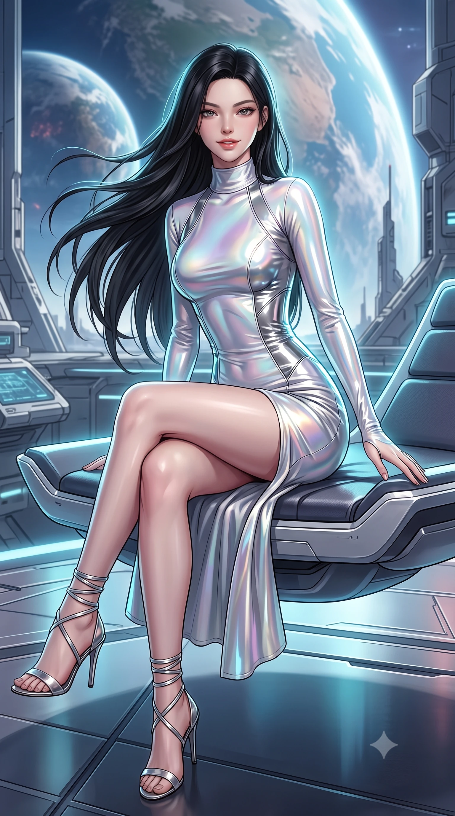 score_9, masterpiece, best quality, ultra-detailed, high-budget anime keyframe, semi-realistic 3D game render, editorial fashion photography, tasteful artistic composition, Korean woman. close-up cowboy shot from the waist and thighs up, the character dominates the composition, filling the frame with her large presence. turning slowly with an enchanting smoldering smile, her glossy hair tossing in the breeze as her hips angle gracefully in a captivating contrapposto while sitting gracefully on the floating antigravity lounge with legs crossed, flashing a radiant, playful smile with parted glossy lips. The surrounding environment is rendered in vivid detail and crisp panoramic clarity: detailed garment styling, vibrant anime shading, and monumental planetary scale in high resolution. She has an exceptionally elegant, slender, and willowy female figure with an ultra-slim waist, flat toned midriff, narrow ribcage, and sculpted feminine hips creating an alluring, slim hourglass silhouette without bulk. sharp v-shaped jawline, high-bridge nose, intricate jewel-like sparkling eyes with depth, thick eyelashes, glossy parted lips with a natural peach sheen, bright cheerful beaming smile with an enchanting and coquettish sensual glint, exuding both youthful cute charm and seductive allure, flawlessly proportioned anatomical accuracy, strict slender model proportions, natural body alignment, perfectly sculpted long slender limbs, ultra-slim waistline, clean dynamic posture without body distortion. wearing a glove-like stretch lambskin leather dress with seamless sculpting hold adhering tightly to her silhouette in iridescent mother-of-pearl and liquid molten silver, tailored from high-gloss patent leather with mirror-like specular highlights, complemented by strappy stiletto sandals with metallic ankle wraps accentuating her slender calves, the glove-like clinging cut tightly following the natural contour of her hips and long slender legs with youthful 8.5-heads elegance. illuminated by deck reflection bounce and sharp cyan-white lightning rim lights defining her jawline, narrow waist, and curvy hips. highly saturated vibrant anime colors, detailed shading with soft gradients, rich glossy textures, high-contrast stereoscopic depth, volumetric dynamic lighting, master piece, 9:16 ratio