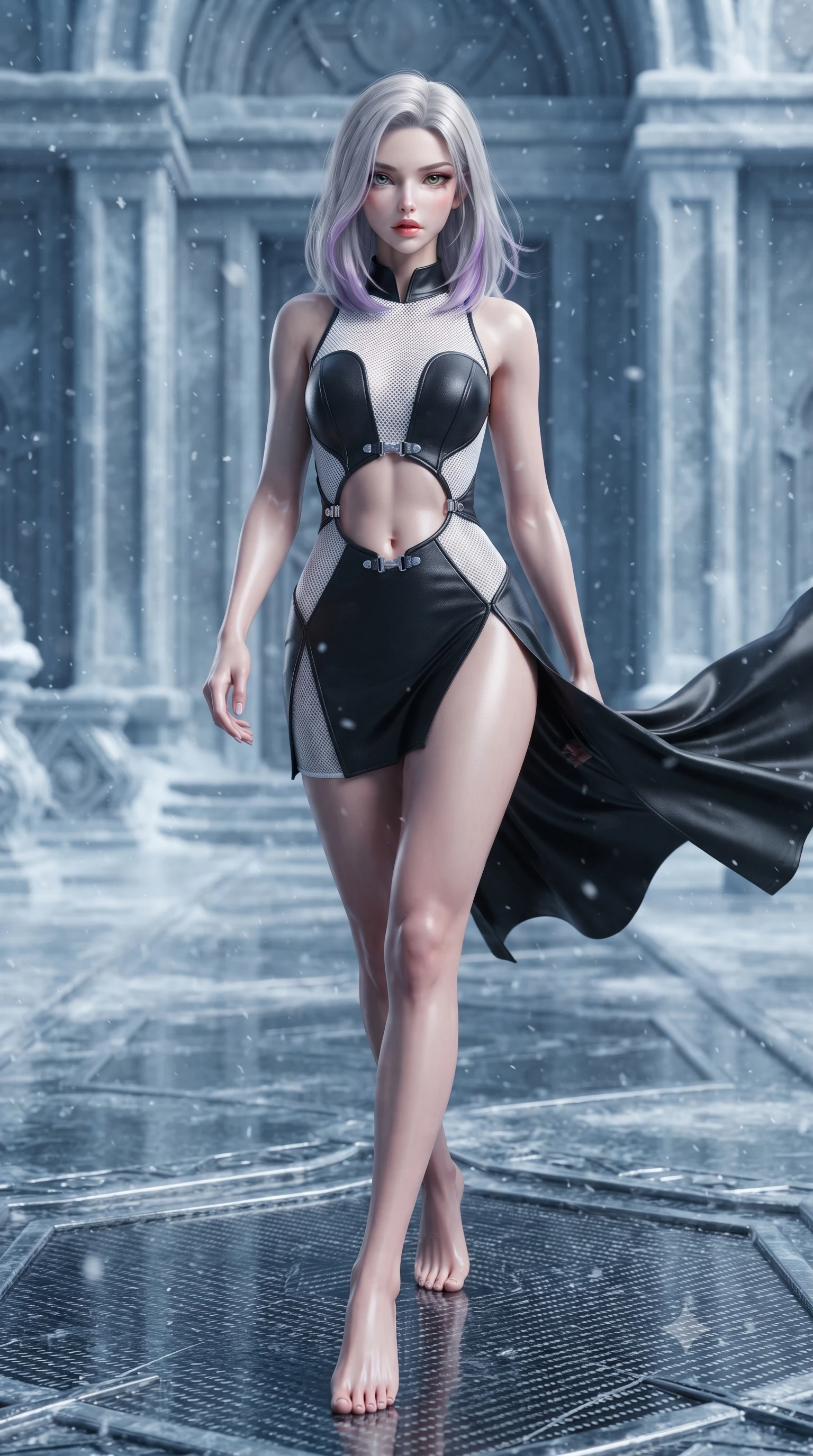 score_9, masterpiece, best quality, ultra-detailed, high-budget anime keyframe, editorial fashion photography, tasteful artistic composition, Caucasian woman. low angle full-body shot from head to toe showing her feet, filling the entire 9:16 vertical frame with her statuesque presence, stretching her vertical silhouette. sitting perched on the elevated edge with hips angled toward the camera and legs crossed, displaying her toned midriff and flawlessly sculpted slender limbs while striding across the reflective frozen stone temple floor, hips swaying in an alluring rhythm as gale-force winds whip her silk drapery. The surrounding environment is rendered in vivid detail and crisp panoramic clarity. detailed carbon-fiber weave patterns, metallic wing harness joints, and falling snowflakes in high resolution. She has an absolutely perfect, statuesque 8.5-heads proportion, an exceptionally tall and slender model-like female figure with impossibly long slender legs, a toned flat midriff, an ultra-slim waist, and beautifully sculpted feminine hips. sharp v-shaped jawline, high-bridge nose, intricate jewel-like eyes with depth, thick eyelashes, glossy parted lips with a natural sheen, intensely captivating and seductive bedroom-eyes expression, flawlessly proportioned anatomical accuracy, strict slender model proportions, natural body alignment, perfectly sculpted long slender limbs, ultra-slim waistline, clean dynamic posture without body distortion. wearing a sculpted titanium corset mini dress with an open-waist ring cutout and high side hip slit in high-contrast black ski leather and arctic white, made of breathable technical athletic mesh and liquid-finish track nylon, accented with an ultra-high side slit secured by miniature chrome clasps, the liquid-tight tailored fabric clinging flawlessly to her narrow waist and rounded feminine hips, emphasizing every millimeter of her sculpted hourglass curves during movement. surrounded by an indomitable, lethal, and breathtakingly majestic cyber-valkyrie goddess aura. ultra-reflective glossy finish, specular highlights, rich textural contrasts, high-contrast stereoscopic depth, volumetric dynamic lighting, 2k, ultra detail, master piece, 9:16 ratio