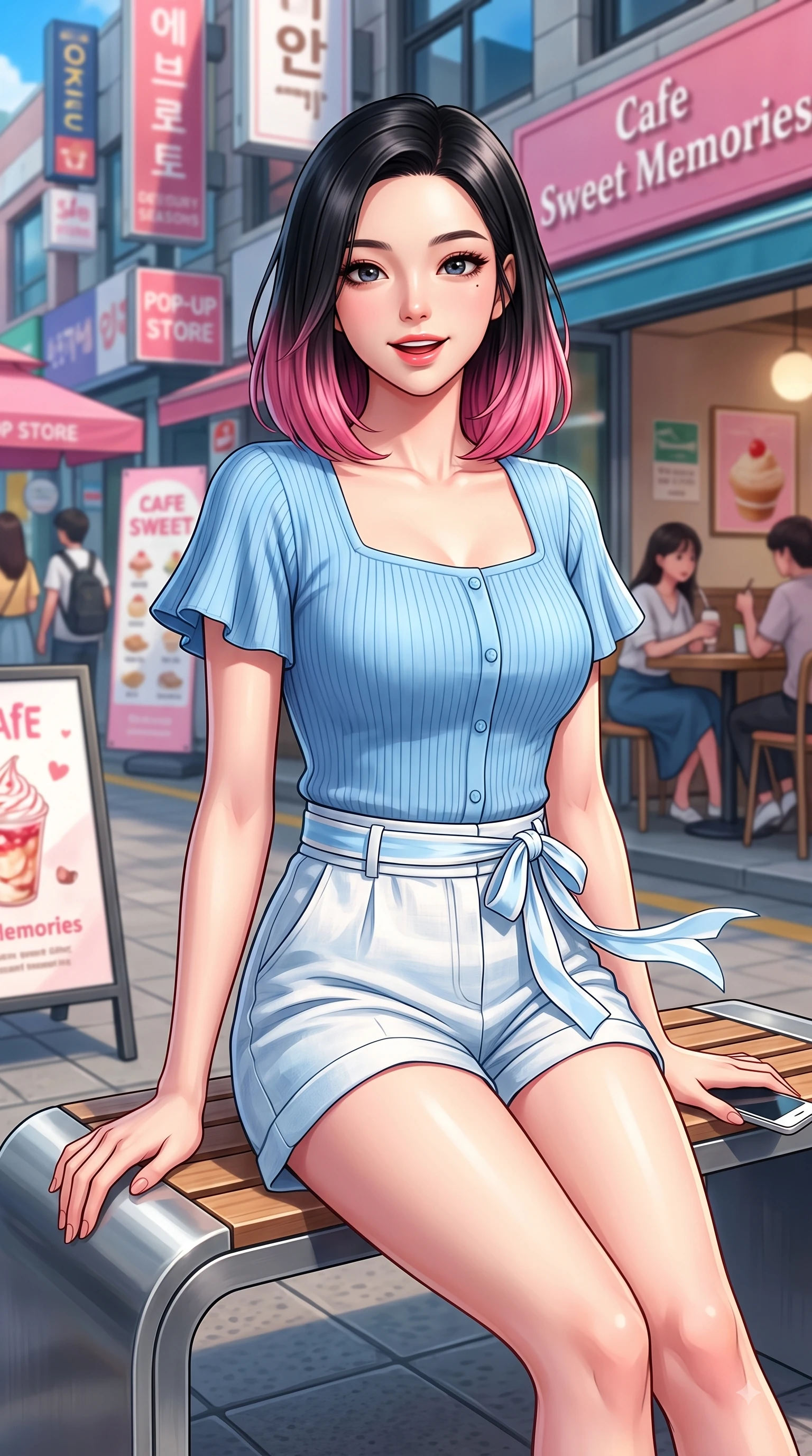 score_9, masterpiece, best quality, ultra-detailed, high-budget anime keyframe, editorial fashion photography, tasteful artistic composition, Korean woman. close-up cowboy shot from the waist and thighs up, the character dominates the composition, filling the frame with her large presence. Playful cute expression with a warm smile and parted lips, looking right into the camera with vibrant energy while resting on a sleek modern outdoor bench outside a trendy dessert cafe with a joyful expression. The composition keeps background elements in soft focus with dreamy bokeh. colorful urban shop signs and trendy street pop-up stores blurred in creamy background bokeh. She has an exceptionally elegant, slender, and willowy female figure with an ultra-slim waist, a gracefully sculpted slender torso, and a refined silhouette. sharp v-shaped jawline, high-bridge nose, intricate jewel-like eyes with depth, thick eyelashes, glossy lips with a natural sheen, flawlessly proportioned anatomical accuracy, natural body alignment, perfectly sculpted elegant limbs, clean dynamic posture without body distortion. wearing a sky-blue ribbed short-sleeve cardigan with high-waist linen shorts and a dainty waist sash in baby blue and cloud white, crafted from soft breathable linen, featuring elegant flutter sleeves and a graceful square neckline, the breezy lightweight fabric fluttering softly against her delicate frame. surrounded by a trendy, youthful, and energetic fashion street aura. highly saturated vibrant anime colors, detailed shading with soft gradients, rich glossy textures, high-contrast stereoscopic depth, volumetric dynamic lighting, master piece, 9:16 ratio