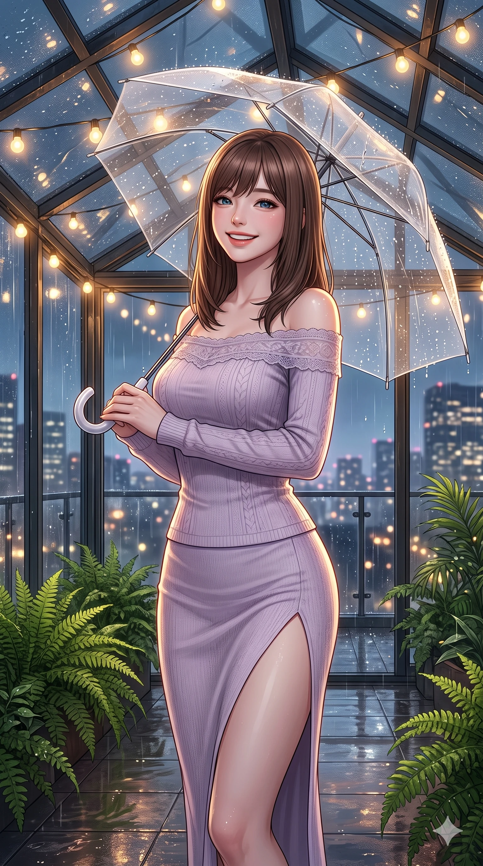 score_9, masterpiece, best quality, ultra-detailed, high-budget anime keyframe, vibrant anime aesthetic, Korean woman. close-up cowboy shot from the waist and thighs up, the character dominates the composition, filling the frame with her large presence, background elements kept in soft focus. She is holding a clear umbrella, looking up with a bright, joyful expression, gazing warmly at the viewer standing amidst vibrant green ferns. standing on a rain-swept rooftop lounge under a glass pavilion, looking at the glowing city skyline (Code-P22-087). She has an absolutely perfect proportion, an exceptionally elegant and slender female figure with an ultra-slim waist. V-shaped jawline, high-bridge nose, intricate jewel-like eyes with depth, thick eyelashes, glossy lips with a natural sheen. wearing an off-shoulder long-sleeve shirt and a high-slit knit skirt in pastel lavender. She is lit by warm, glowing fairy lights strung across the glass conservatory roof, casting clean highlights that trace her slim waist inside the glass pavilion. 2k, ultra detail, master piece, 9:16 ratio