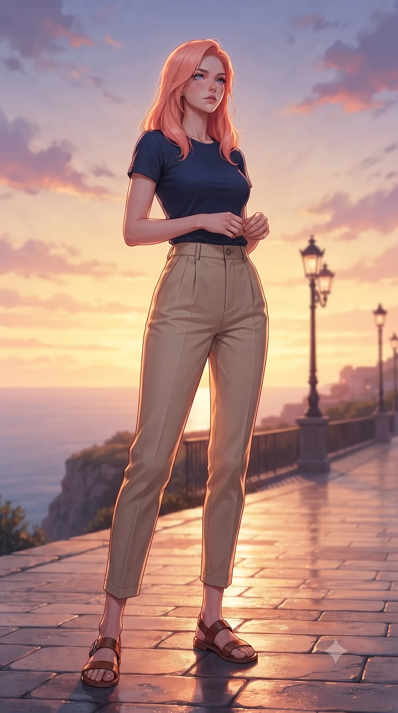 score_9, masterpiece, best quality, ultra-detailed, high-budget anime keyframe, editorial fashion photography, tasteful artistic composition, Japanese woman woman. low angle full-body shot from head to toe showing her feet, filling the entire 9:16 vertical frame with her statuesque presence, stretching her vertical silhouette. standing proud on a scenic cliff overlooking the valley, her silhouette framed by the golden sky the background shows a soft-focus a paved promenade with classic lamp posts overlooking a calm sea at sunset. She has an absolutely perfect, statuesque 8.5-heads proportion, an exceptionally tall and slender model-like female figure with impossibly long slender legs and an ultra-slim waist. sharp v-shaped jawline, high-bridge nose, intricate jewel-like eyes with depth, thick eyelashes, glossy lips with a natural sheen. wearing a body-hugging simple navy cotton t-shirt tucked into high-waisted pleated beige chino pants. the warm red and violet glow of twilight reflecting on the pavement. ultra-reflective glossy finish, specular highlights, metallic sheen, high-contrast stereoscopic depth, volumetric dynamic lighting, 2k, ultra detail, master piece, 9:16 ratio