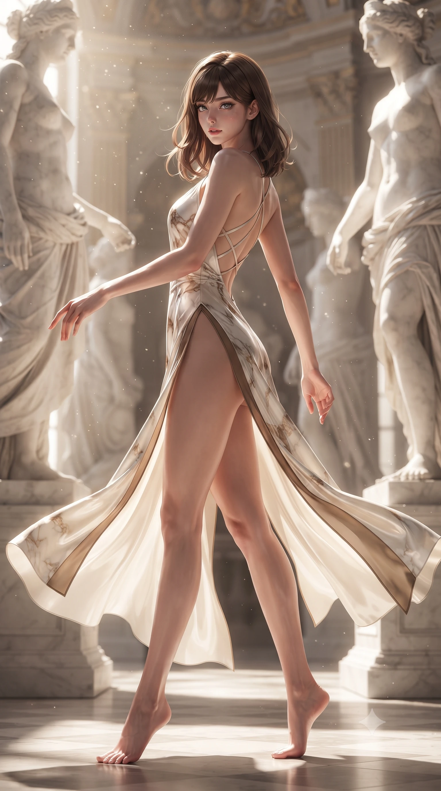 score_9, masterpiece, best quality, ultra-detailed, high-budget anime keyframe, editorial fashion photography, tasteful artistic composition, Korean woman. low angle full-body shot from head to toe showing her feet, filling the entire 9:16 vertical frame with her statuesque presence, stretching her vertical silhouette. executing an elegant mid-motion pivot turn as garments swirl around her slender limbs, glancing over her shoulder with an intoxicating bedroom-gaze while standing poised between colossal marble statues, one hand sliding along her hip line in pure sculptural supermodel grace. The composition keeps background elements in soft focus with creamy bokeh. refracted afternoon sunbeams and floating dust motes scattering timeless radiant light across the salon. She has an absolutely perfect, statuesque 8.5-heads proportion, an exceptionally tall and slender model-like female figure with impossibly long slender legs, a toned flat midriff, an ultra-slim waist, and beautifully sculpted feminine hips. sharp v-shaped jawline, high-bridge nose, intricate jewel-like eyes with depth, thick eyelashes, glossy parted lips with a natural sheen, intensely captivating and seductive bedroom-eyes expression, flawlessly proportioned anatomical accuracy, strict slender model proportions, natural body alignment, perfectly sculpted long slender limbs, ultra-slim waistline, clean dynamic posture without body distortion. wearing a plunging-V neckline marble-print silk gown with open side slits ascending to the high hip in alabaster ivory and antique bronze, made of sheer contouring power-mesh panels with anatomical curve lines, accented with criss-cross back straps highlighting her graceful shoulder blades, the precision-cut side openings and low-back scoop framing her graceful spine and the sensual sweep of her hips. bathed in dramatic natural north skylight streaming through cathedral windows. ultra-reflective glossy finish, specular highlights, rich textural contrasts, high-contrast stereoscopic depth, volumetric dynamic lighting, 2k, ultra detail, master piece, 9:16 ratio