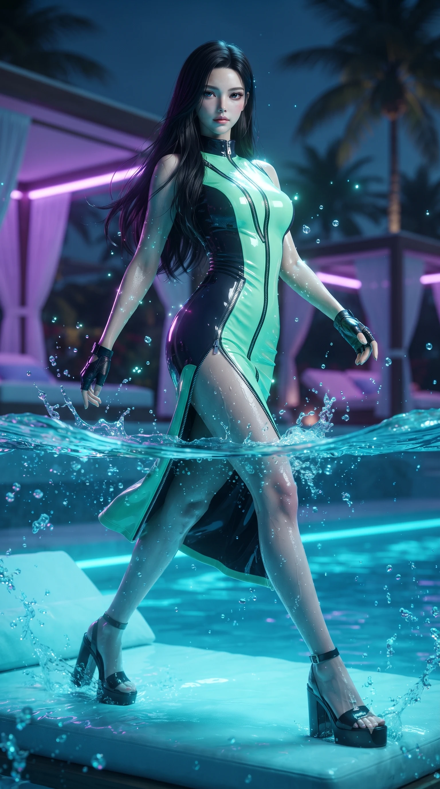 score_9, masterpiece, best quality, ultra-detailed, high-budget anime keyframe, editorial fashion photography, tasteful artistic composition, Korean woman. low angle full-body shot from head to toe showing her feet, filling the entire 9:16 vertical frame with her statuesque presence, stretching her vertical silhouette. striding forward in a proud supermodel runway stride, hips swaying in an alluring kinetic rhythm that accentuates her curvy hourglass silhouette while reclining on a submerged pool daybed with water lapping at her waist, arching her spine as glowing cyan pool caustics trace her curvy hips. The composition keeps background elements in soft focus with creamy bokeh. splashing water droplets and underwater LED light rays scattering shimmering neon light motes. She has an absolutely perfect, statuesque 8.5-heads proportion, an exceptionally tall and slender model-like female figure with impossibly long slender legs, a toned flat midriff, an ultra-slim waist, and beautifully sculpted feminine hips. sharp v-shaped jawline, high-bridge nose, intricate jewel-like eyes with depth, thick eyelashes, glossy parted lips with a natural sheen, intensely captivating and seductive bedroom-eyes expression, flawlessly proportioned anatomical accuracy, strict slender model proportions, natural body alignment, perfectly sculpted long slender limbs, ultra-slim waistline, clean dynamic posture without body distortion. wearing a form-contouring vinyl track dress with diagonal zipper detailing and an ultra-high side slit in neon mint green and dark obsidian, crafted from flexible reflective spandex and tactical webbing, accessorized with bold platform sandals and fingerless leather gloves, the glove-like aerodynamic silhouette tightly following the natural contour of her hips and long slender legs with statuesque precision. bathed in glowing underwater cyan LED illumination and ambient violet neon cabana downlights. ultra-reflective glossy finish, specular highlights, rich textural contrasts, high-contrast stereoscopic depth, volumetric dynamic lighting, 2k, ultra detail, master piece, 9:16 ratio