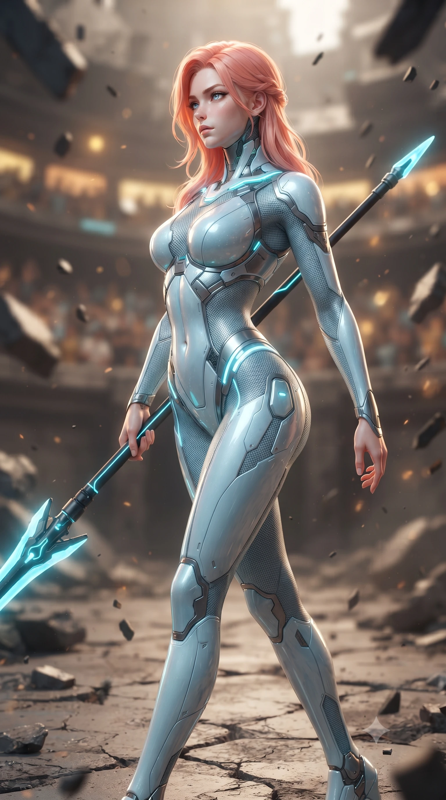 score_9, masterpiece, best quality, ultra-detailed, high-budget anime keyframe, editorial fashion photography, tasteful artistic composition, Japanese woman. close-up cowboy shot from the waist and thighs up, the character dominates the composition, filling the frame with her large presence. stretching forward with an alluring arch of her spine, glancing over her shoulder with divine self-assurance and magnetic intensity while striding forward across the ruined arena floor with greatsword held in one hand with effortless supermodel strength. The composition keeps background elements in soft focus with creamy bokeh. holographic colosseum spectator stands and floating debris blurred into rich amber, gold, and charcoal bokeh. She has an exceptionally elegant, slender, and willowy female figure with an ultra-slim waist, a gracefully sculpted slender torso, toned flat midriff, and a refined slim silhouette. sharp v-shaped jawline, high-bridge nose, intricate jewel-like eyes with depth, thick eyelashes, glossy lips with a natural sheen, flawlessly proportioned anatomical accuracy, strict slender model proportions, natural body alignment, perfectly sculpted long slender limbs, ultra-slim waistline, clean dynamic posture without body distortion. wearing an ultra-sleek glacial-cyan and white carbon-mesh combat bodysuit with frost-resistant plating, holding a glowing high-frequency cryo-energy spear with commanding poise in matte obsidian carbon black with electric cyan conduits, tailored from flexible second-skin carbon-mesh that clings flawlessly to her athletic curves, accented with glowing fiber-optic conduits tracing her collarbones and hip curves, the form-contouring material adhering flawlessly to her sculpted flat midriff and slender torso, emphasizing her long leg lines and perfectly proportioned willowy build. surrounded by an invincible, royal, and fiercely captivating cyber-gladiator empress aura. ultra-reflective glossy finish, specular highlights, dark metallic sheen, high-contrast stereoscopic depth, volumetric dynamic lighting, 2k, ultra detail, master piece, 9:16 ratio