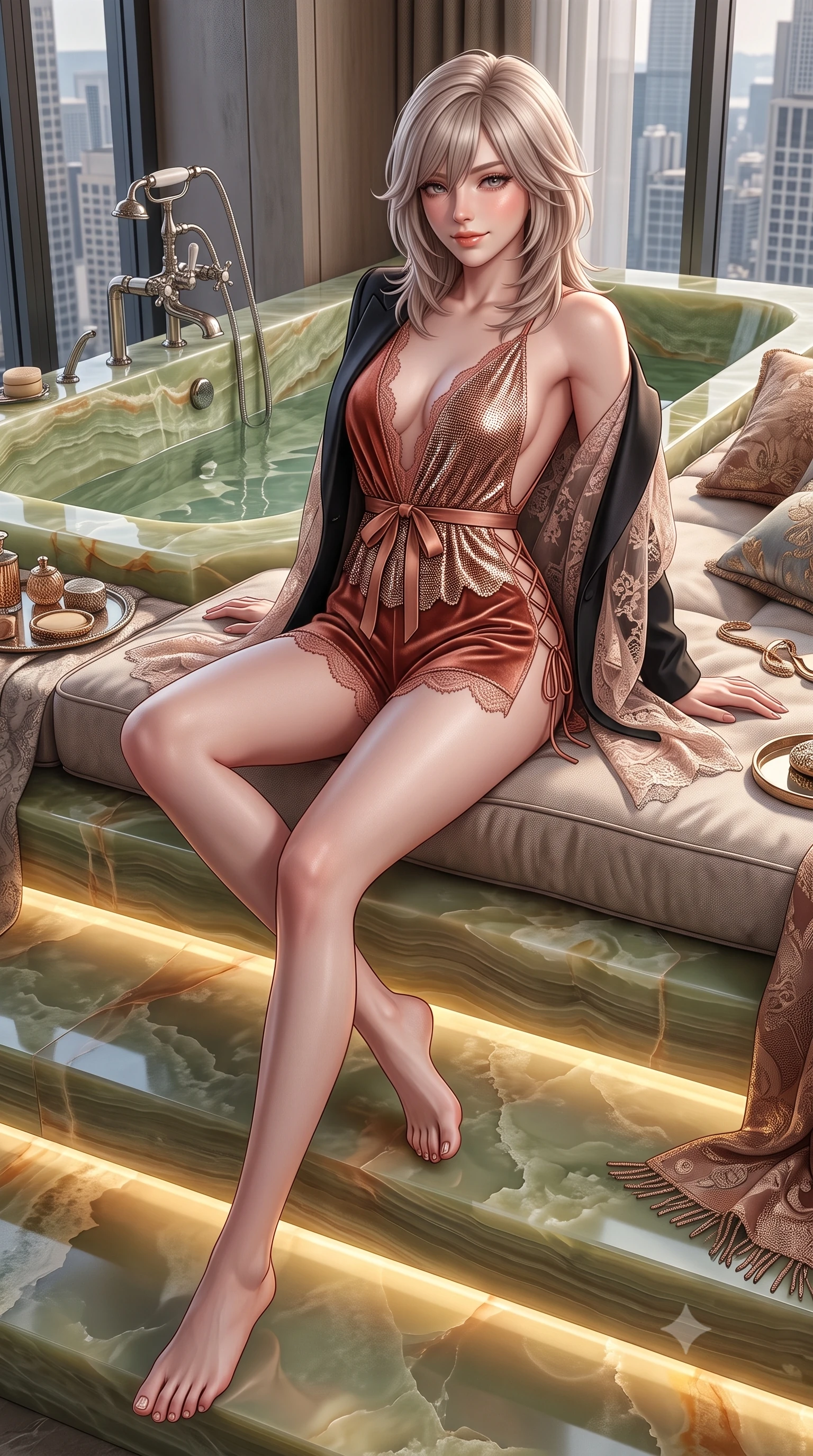 score_9, masterpiece, best quality, ultra-detailed, high-budget anime keyframe, semi-realistic 3D game render, editorial fashion photography, tasteful artistic composition, Japanese woman. low angle full-body shot from head to toe showing her feet, filling the entire 9:16 vertical frame with her statuesque presence, stretching her vertical silhouette. lounging on the lavish daybed with legs crossed and hips angled toward the camera, displaying her toned midriff and long slender limbs with effortless siren poise while reclining inside the monumental sunken green onyx soaking tub, arching her spine with seductive indulgence against the warm polished stone rim. The surrounding environment is rendered in vivid detail and crisp panoramic clarity: detailed delicate sheer French Chantilly lace teddy drape, open tailored tuxedo blazer slipping off shoulders, and bespoke luxury plumbing in razor-sharp precision. She has an absolutely perfect, statuesque 8.5-heads proportion, an exceptionally tall and slender model-like female figure with impossibly long slender legs, an ultra-slim waist, a flat toned midriff, narrow delicate ribcage, and beautifully sculpted feminine hips creating a graceful, slim hourglass silhouette without any bulky heaviness. sharp v-shaped jawline, high-bridge nose, sparkling eyes with hypnotic seductive depth, thick curled eyelashes, glossy parted lips with a natural dewy peach sheen, alluring bedroom-eyes with an enchanting coquettish smile, exuding magnetic siren charisma and sophisticated glamour, flawlessly proportioned anatomical accuracy, strict slender model proportions, natural body alignment, perfectly sculpted long slender limbs, ultra-slim waistline, clean dynamic posture without body distortion. wearing a plunge-neck stretch velvet romper with scalloped eyelash-lace hems and a cinched waist ribbon in Atlas terracotta and desert rose gold, crafted from shimmering fluid chainmail mesh reflecting ambient lights, featuring fine criss-cross lace-up side ties revealing tantalizing glimpses of her hip curve, the precision-cut side openings and low-back scoop framing her graceful spine and the sensual sweep of her slim, toned hips. bathed in soft 2700K concealed warm LED cove lighting beneath the stepped onyx platform mixed with exterior city ambient fill. highly saturated vibrant anime colors, detailed shading with soft gradients, rich glossy textures, high-contrast stereoscopic depth, volumetric dynamic lighting, master piece, 9:16 ratio