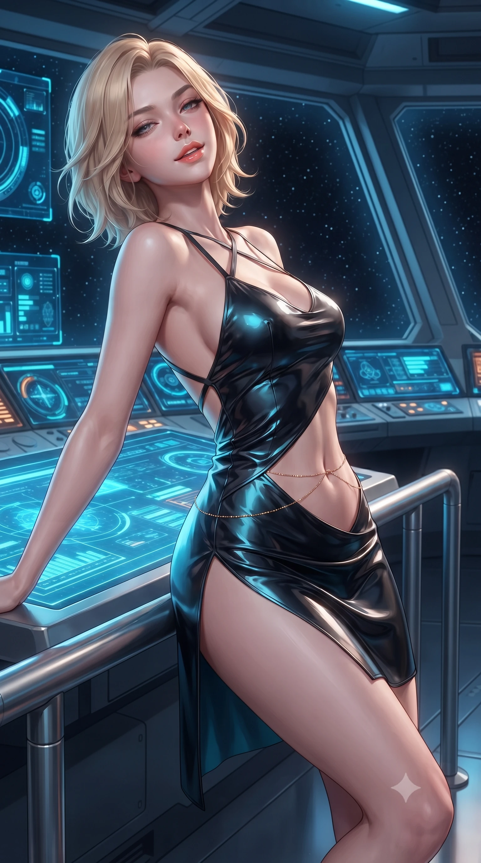 score_9, masterpiece, best quality, ultra-detailed, high-budget anime keyframe, editorial fashion photography, tasteful artistic composition, Caucasian woman. close-up cowboy shot from the waist and thighs up, the character dominates the composition, filling the frame with her large presence. leaning back against the balustrade with relaxed seductive grace, head tilted back slightly while casting a hypnotic, heavy-lidded gaze while leaning against the glowing holographic tactical plot console with hips cocked back, looking through the forward viewport at drifting battlecruisers with smoldering bedroom-eyes. The surrounding environment is rendered in vivid detail and crisp panoramic clarity: sharp brushed titanium console bezels, crisp holographic vector graphics, and razor-sharp starfield details through panoramic armor-glass in deep focus. She has an exceptionally elegant, slender, and willowy female figure with an ultra-slim waist, flat toned midriff, narrow ribcage, and sculpted feminine hips creating an alluring, slim hourglass silhouette without bulk. sharp v-shaped jawline, high-bridge nose, intricate jewel-like sparkling eyes with depth, thick eyelashes, glossy parted lips with a natural peach sheen, bright cheerful beaming smile with an enchanting and coquettish sensual glint, exuding both youthful cute charm and seductive allure, flawlessly proportioned anatomical accuracy, strict slender model proportions, natural body alignment, perfectly sculpted long slender limbs, ultra-slim waistline, clean dynamic posture without body distortion. wearing a backless liquid foil flight mini dress with criss-cross spinal straps and daring high side slit in tactical obsidian black and high-voltage cyan, crafted from fluid liquid silk satin that clings smoothly to her narrow waist and rounded hips with a dewy sheen, accented with a dainty gold belly chain resting across her flat midriff and curving hips, the bespoke structured tailoring following the natural line of her 8.5-heads silhouette with refined elegance. bathed in the cool high-contrast cobalt-and-cyan glow of holographic tactical displays mixed with warm 2800K console edge lights. ultra-reflective glossy finish, specular highlights, rich textural contrasts, high-contrast stereoscopic depth, volumetric dynamic lighting, 2k, ultra detail, master piece, 9:16 ratio