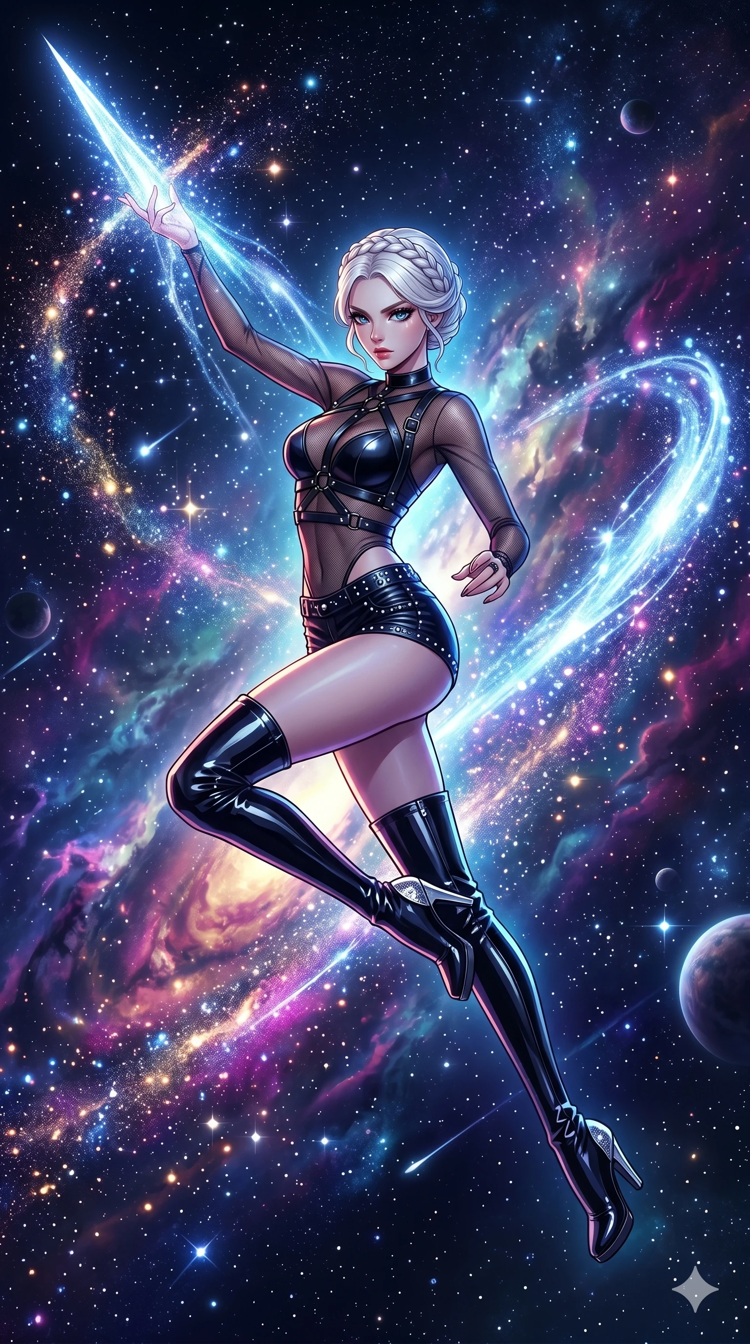 score_9, masterpiece, best quality, ultra-detailed, high-budget anime movie keyframe, cinematic anime lighting, intricate line art, Japanese woman. Mid-air action shot capturing a graceful twist and vertical silhouette. drawing stardust from the sky and shaping it into a blade. She has an absolutely perfect 8-heads proportion, an exceptionally tall and slender female figure with an ultra-slim waist and impossibly long slender legs. strictly human anatomy, two legs only, no extra limbs, clearly defined legs and arms, perfect anatomy, perfect hands and fingers. sharp v-shaped jawline, high-bridge nose, intricate jewel-like eyes, thick eyelashes, glossy lips. Wearing K-Idol Stage: Leather harness over mesh, high-cut bodysuit, studded micro-shorts, and thigh-high patent boots. The scene is illuminated by dramatic atmospheric lighting and vibrant color palettes. , 2k, ultra detail, master piece, 9:16 ratio