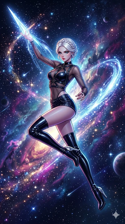 score_9, masterpiece, best quality, ultra-detailed, high-budget anime movie keyframe, cinematic anime lighting, intricate line art, Japanese woman. Mid-air action shot capturing a graceful twist and vertical silhouette. drawing stardust from the sky 